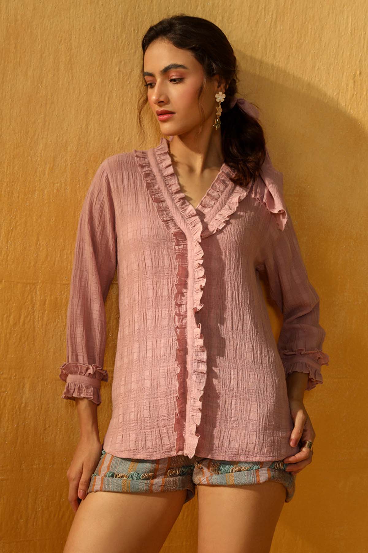 Sewtable Clothing Lilac Frill V-Neck Relaxed Shirt for women online at ScrollnShops