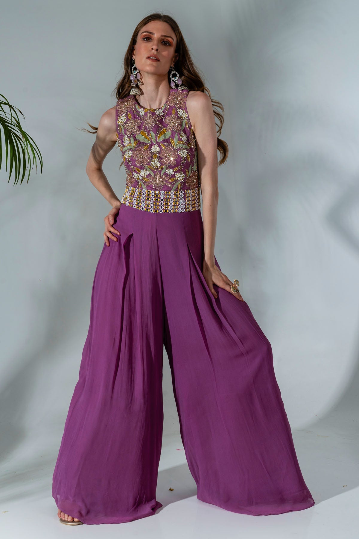 Designer Neha Khullar Lilac Georgette Cutdana Jumpsuit for Women Online