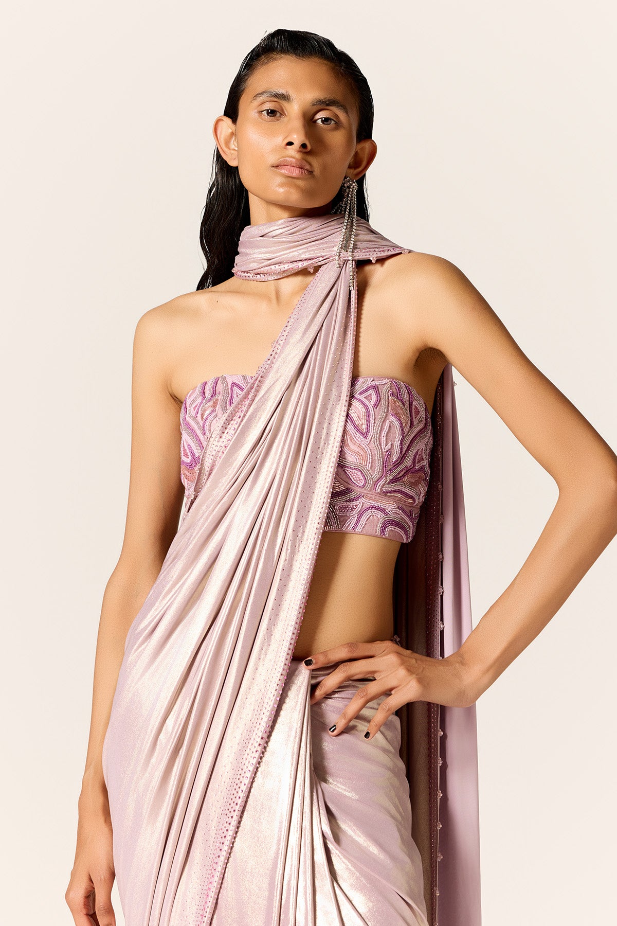 Lilac Hand Embroidered Saree