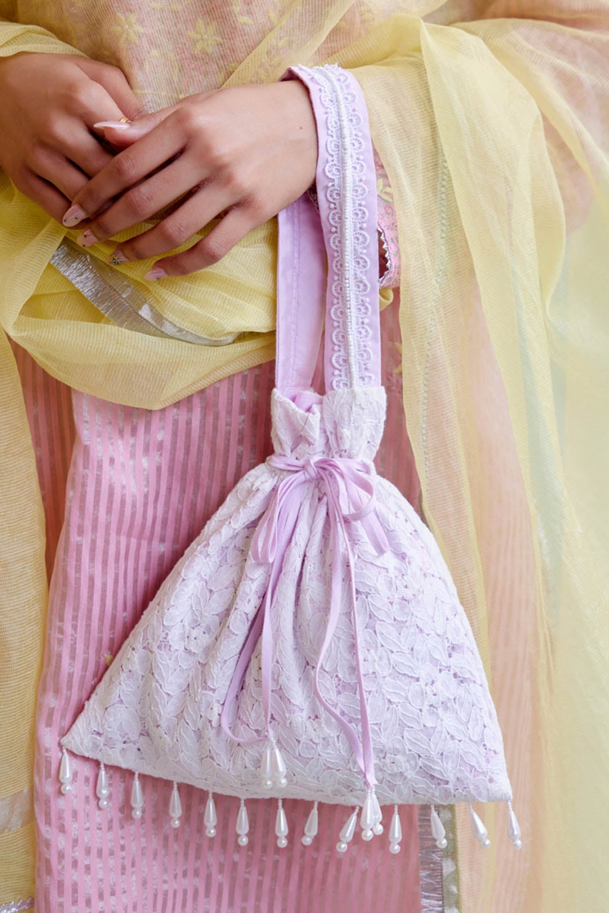 Nero Lilac Lace Detail Potli Bag Accessories online at ScrollnShops