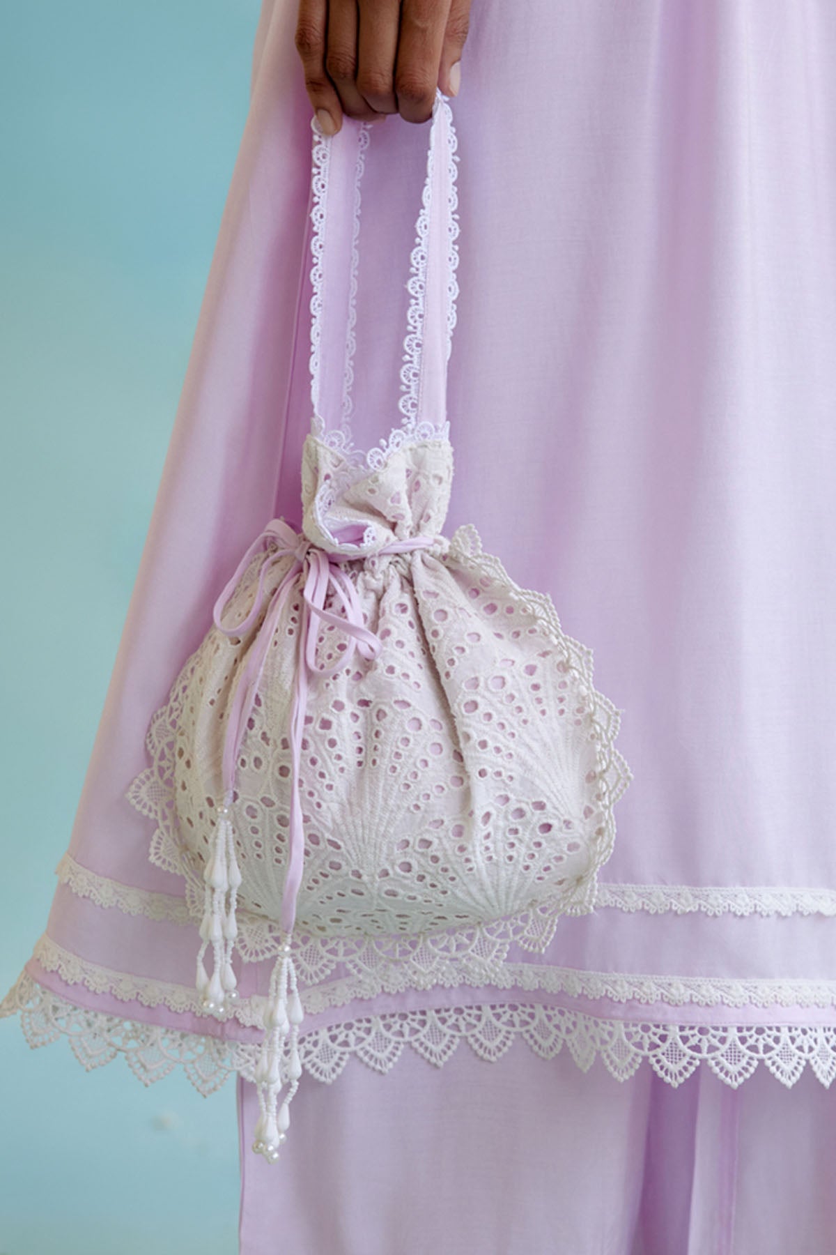 Nero Lilac Lace Schiffli Potli Bag Accessories online at ScrollnShops