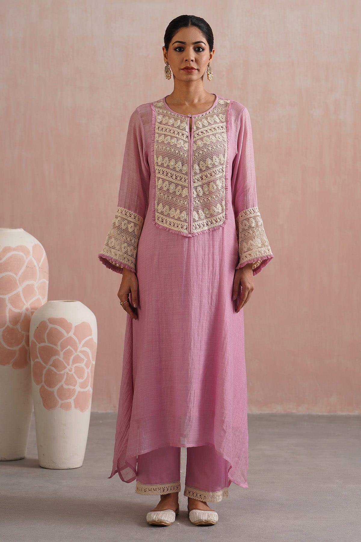 Lilac Lace Work A-Line Kurta Set