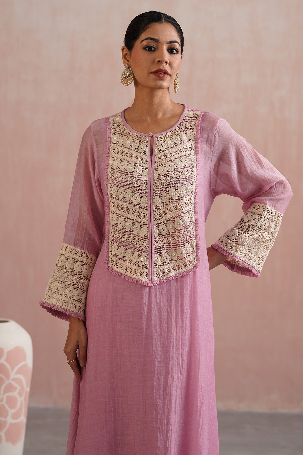 Lilac Lace Work A-Line Kurta Set