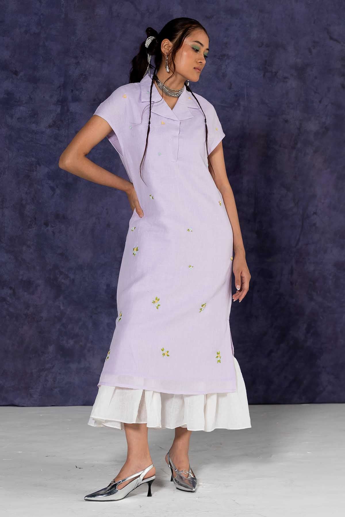 Buy Designer Lilac Linen Collar Midi Dress Online