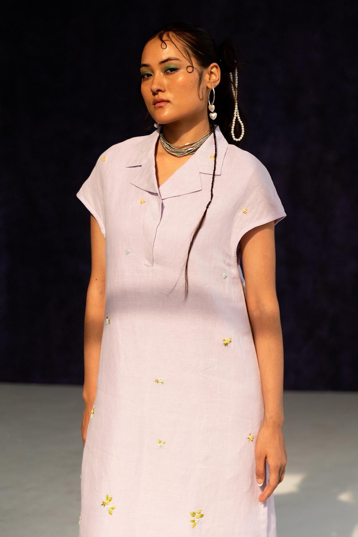 Lilac Linen Collar Midi Dress