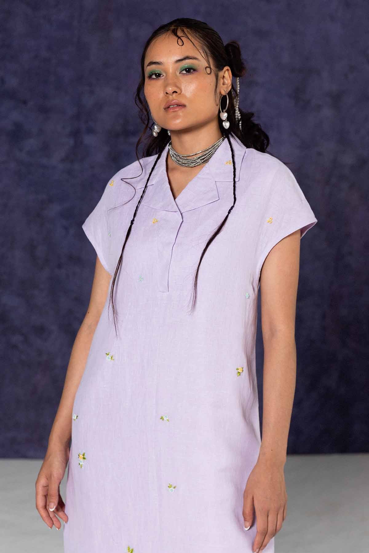 Lilac Linen Collar Midi Dress