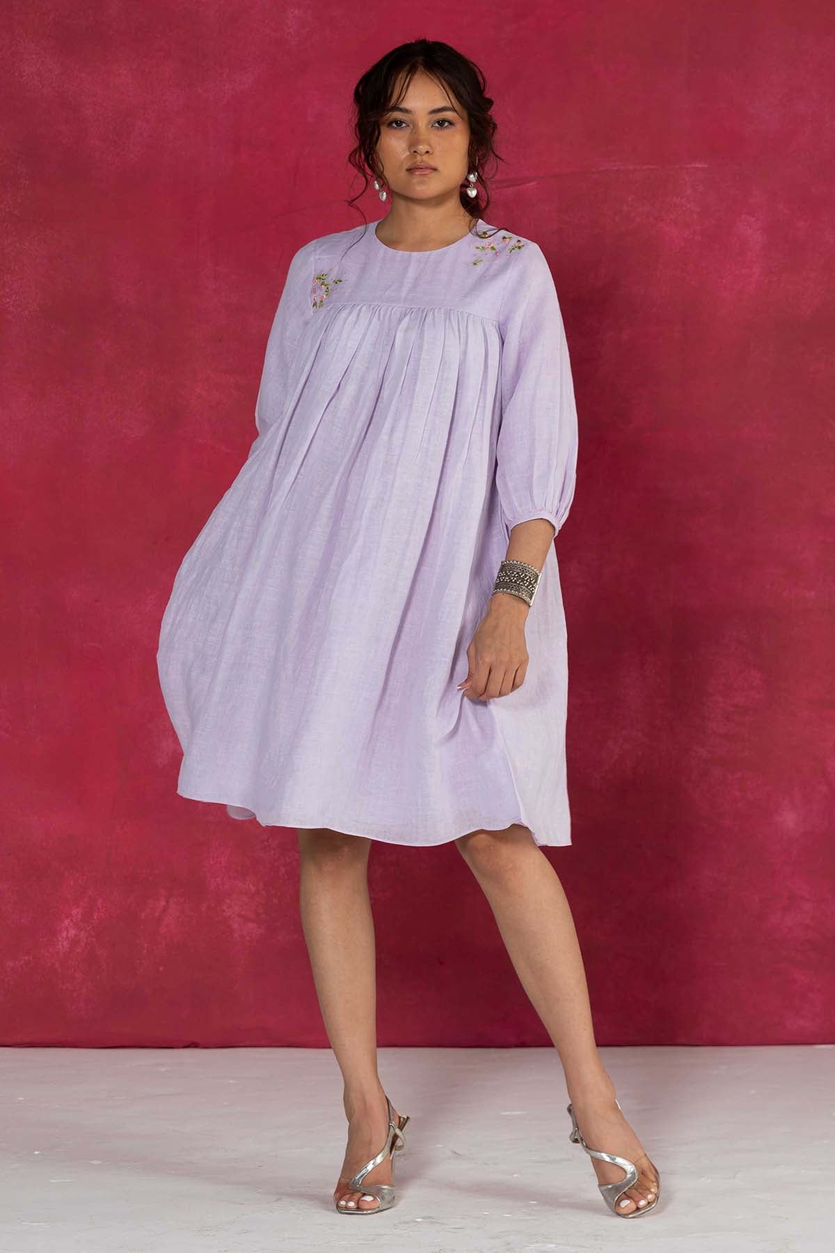 Buy Designer Lilac Linen Embroidered Dress Online