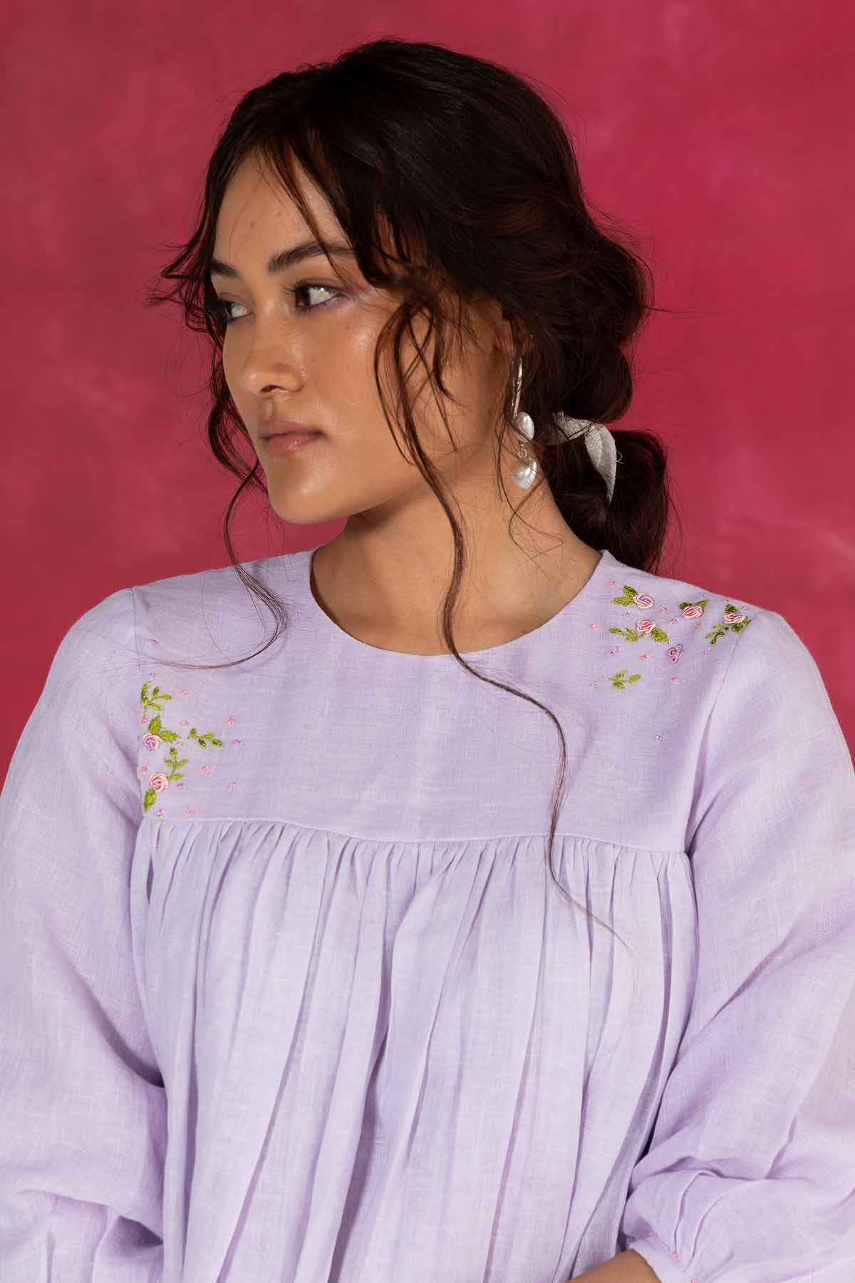 Lilac Linen Embroidered Dress