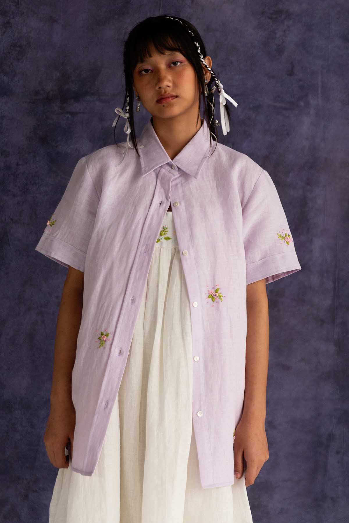 Buy Designer Lilac Linen Embroidered Shirt Online