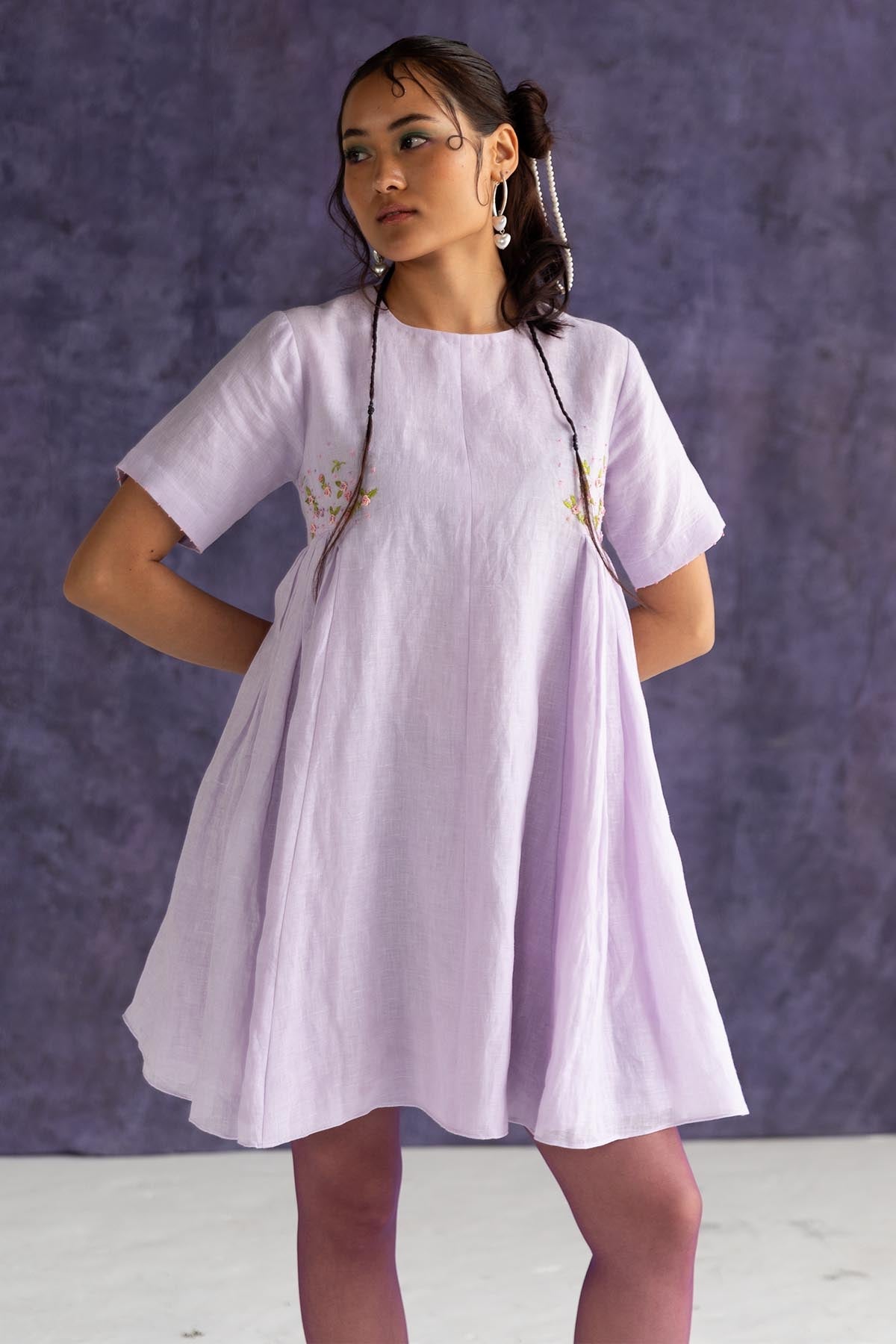Buy Designer Lilac Linen Gathered Mini Dress Online