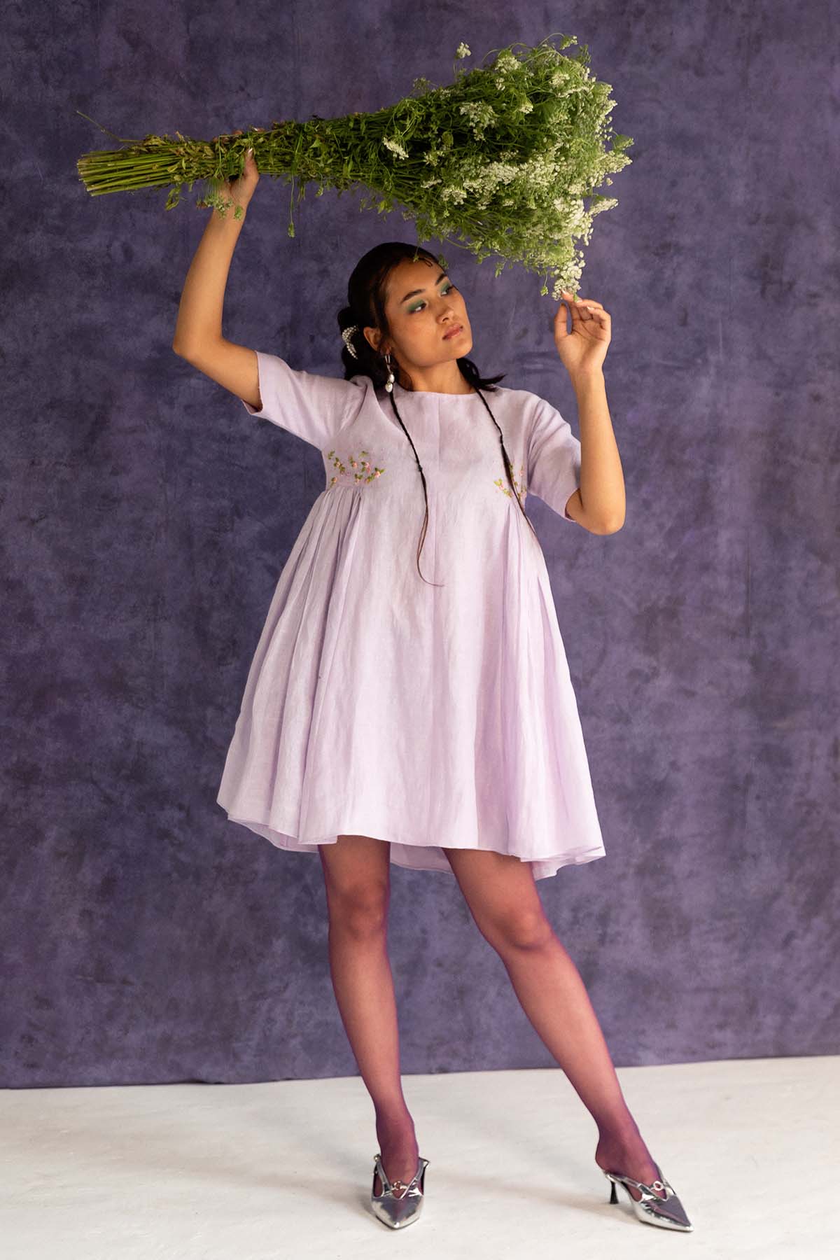 Lilac Linen Gathered Mini Dress
