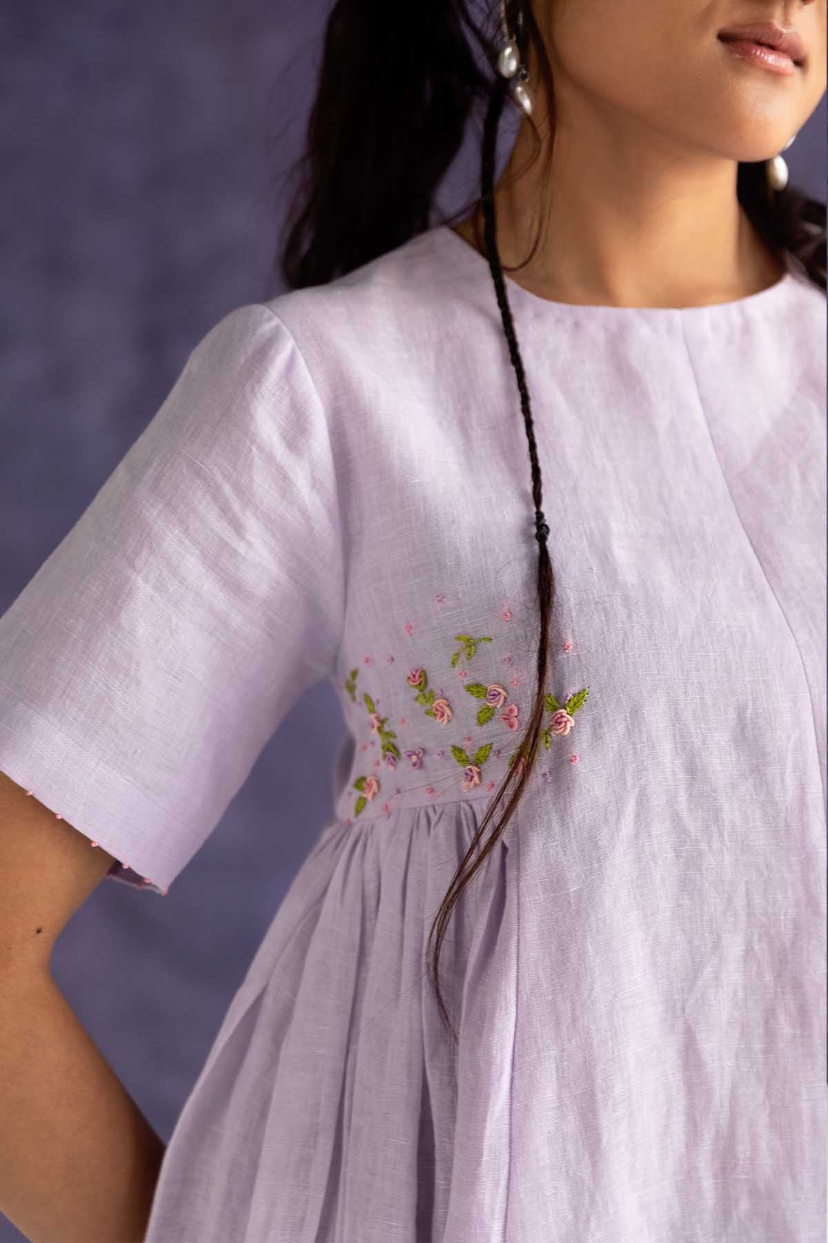 Lilac Linen Gathered Mini Dress