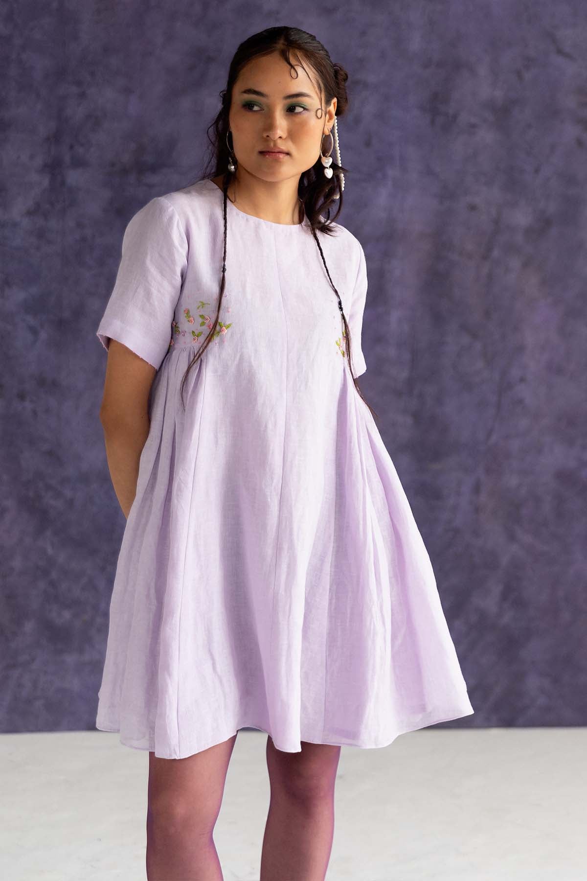 Lilac Linen Gathered Mini Dress