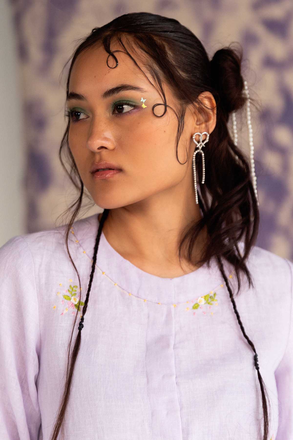 Lilac Linen Gathered Sleeves Top