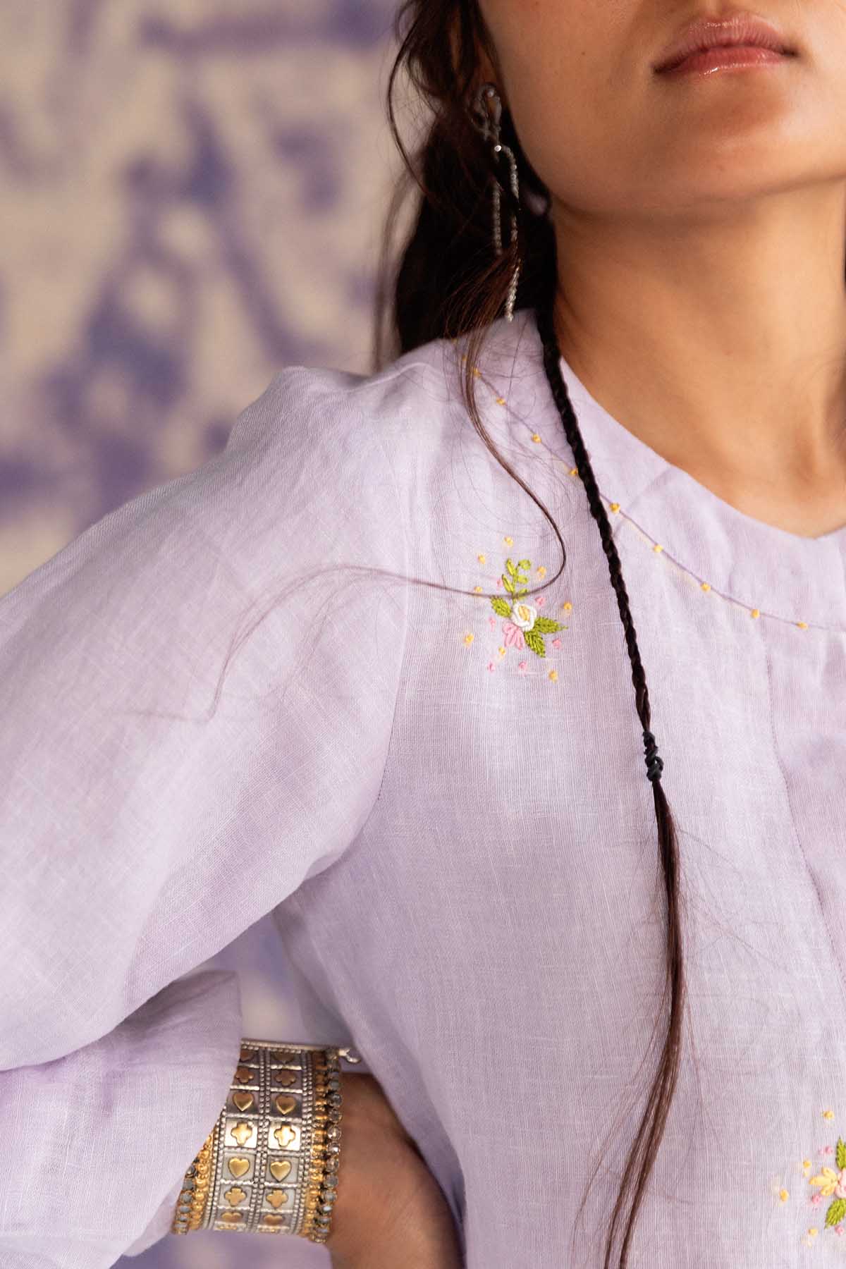 Lilac Linen Gathered Sleeves Top