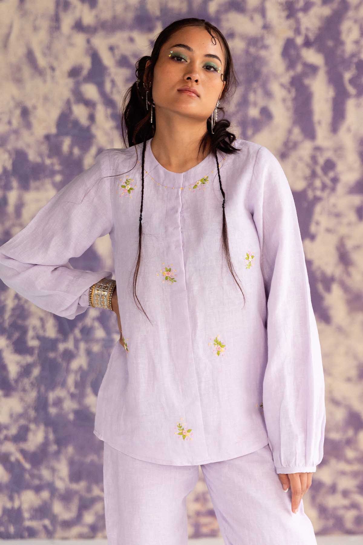 Lilac Linen Gathered Sleeves Top