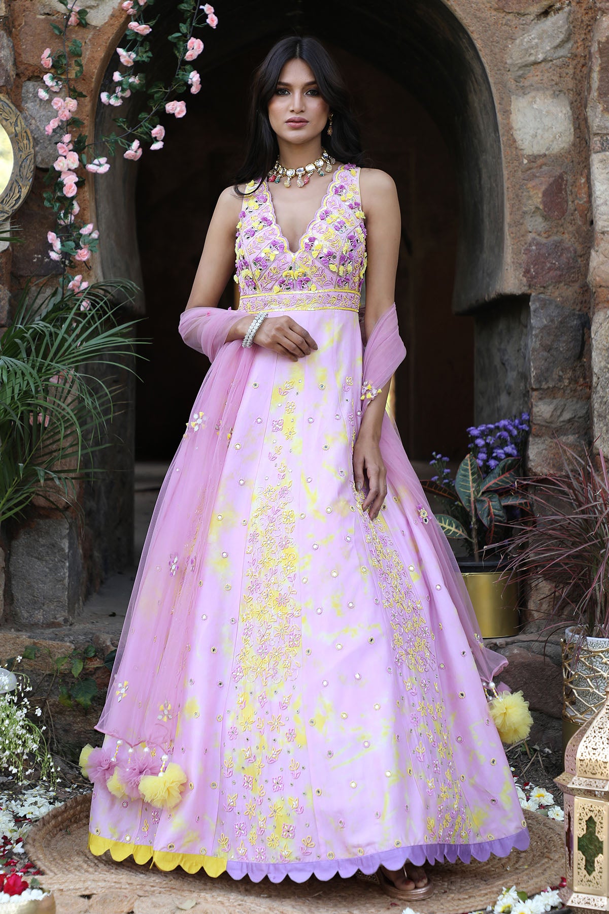 Lilac Mirror Work Anarkali Set