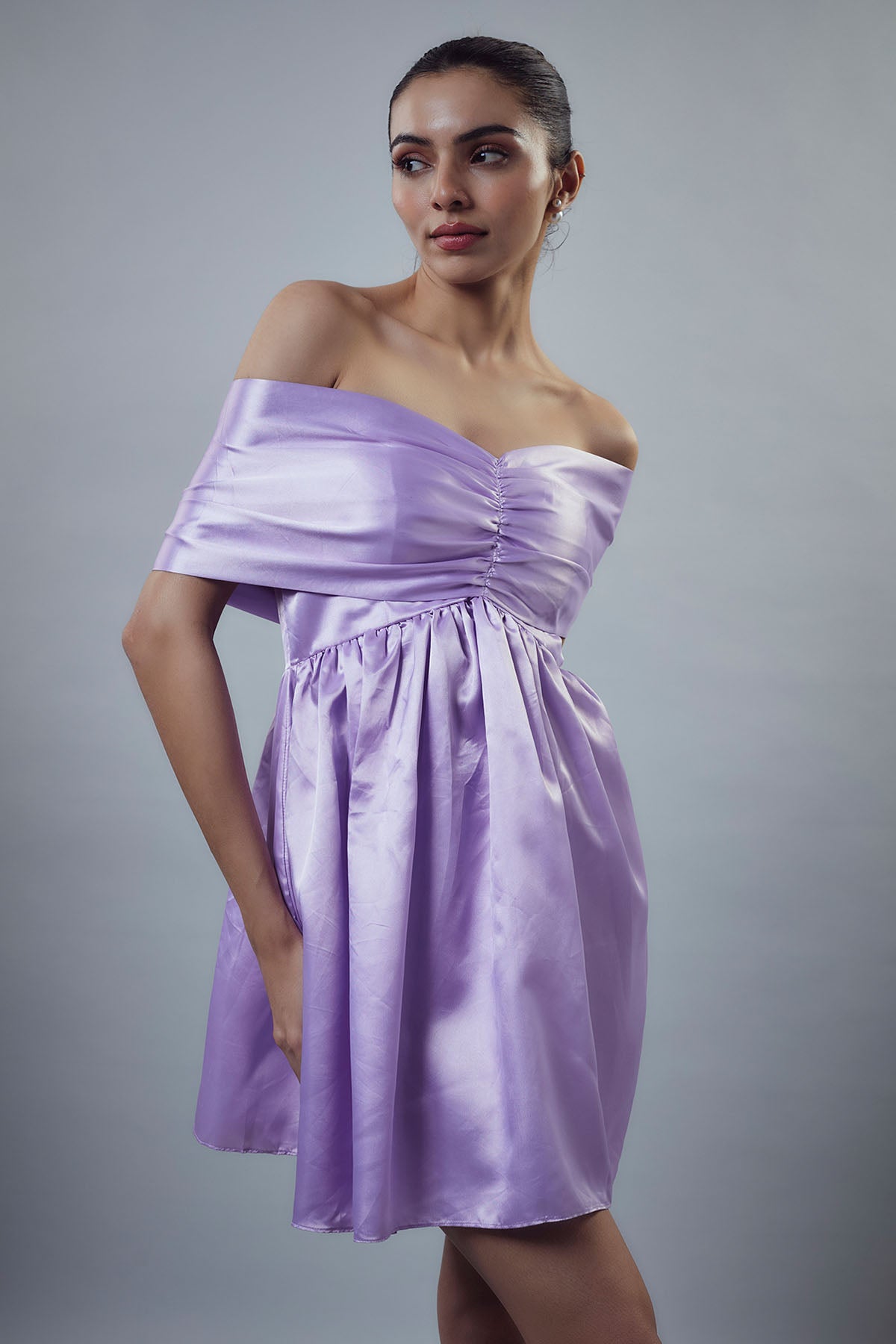 Lilac Off Shoulder Mini Dress