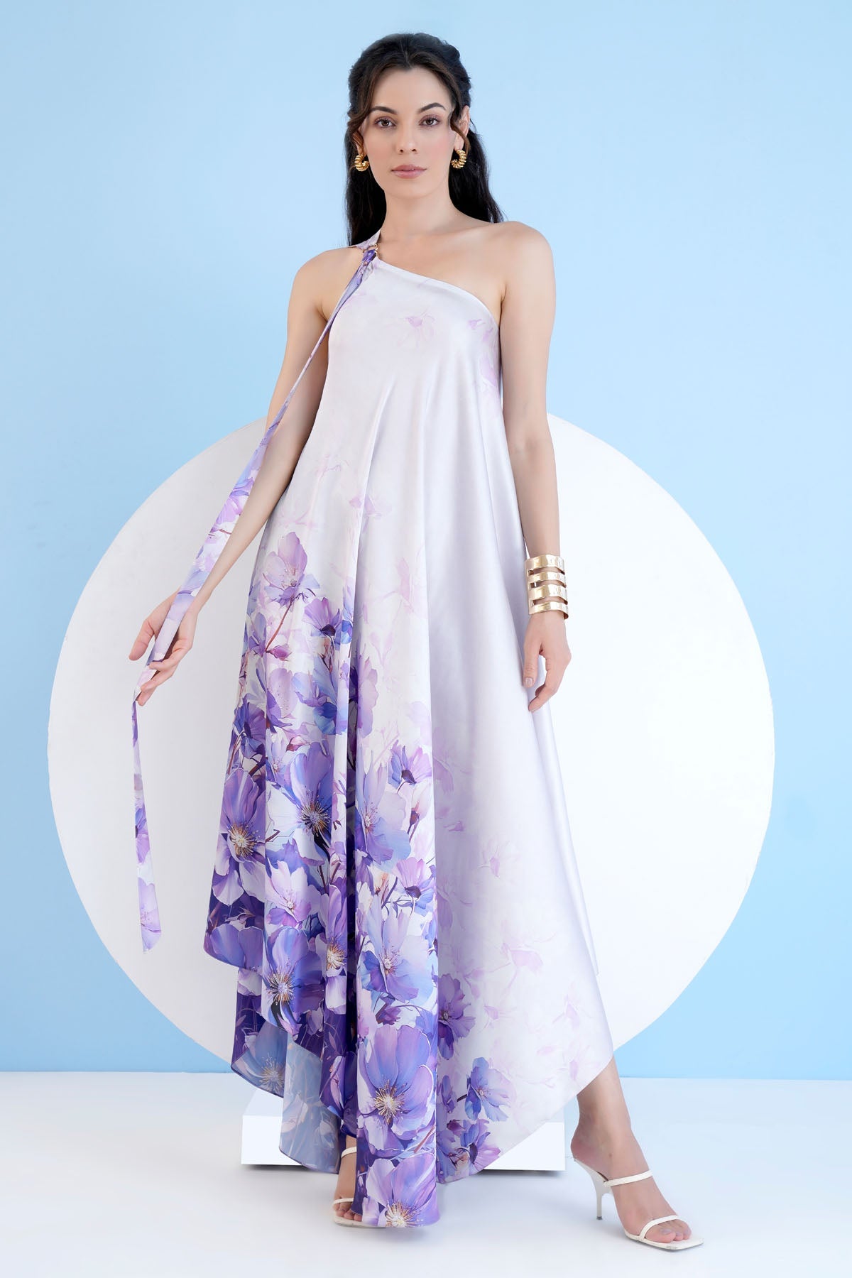 Buy Lilac One Shoulder Print Kaftan by Mandira Wirk