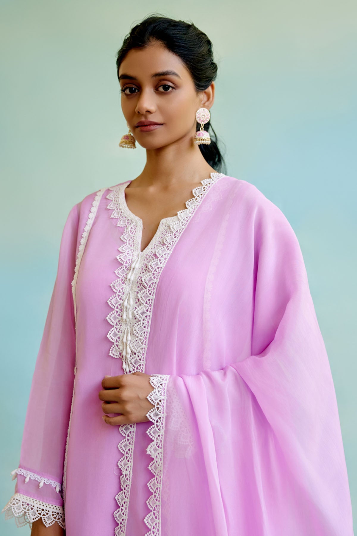 Nero Lilac Organza Lace Dupatta Accessories online at ScrollnShops