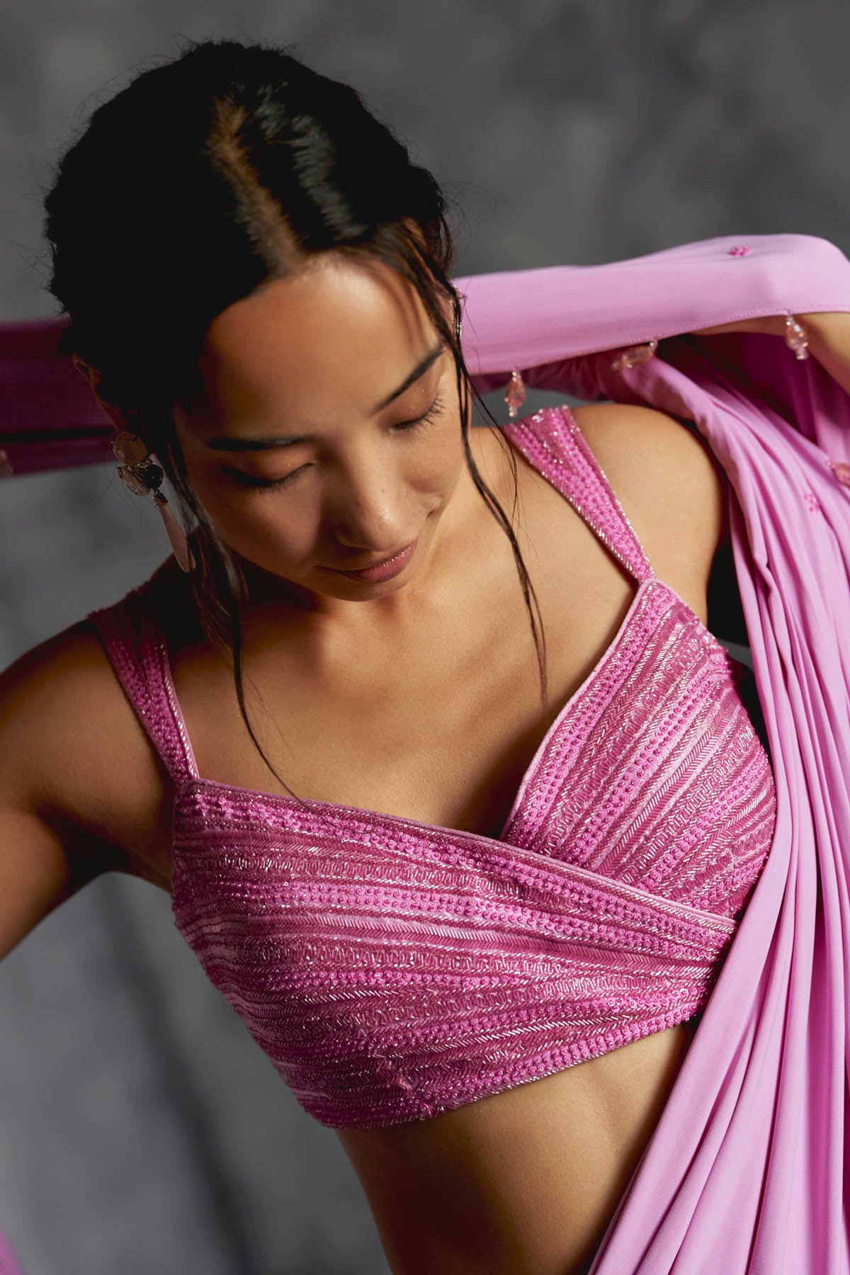 Lilac Lycra Pre-Drape Saree & Blouse