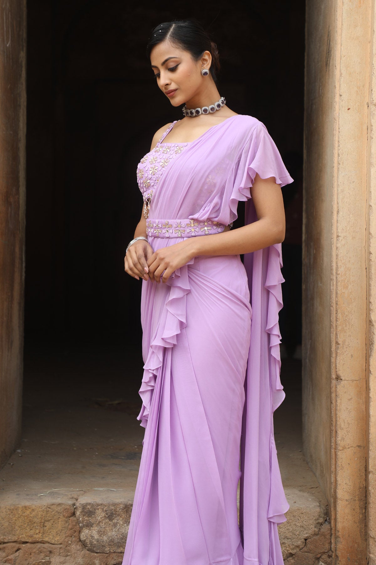 Lilac Pre-Draped Saree & Blouse
