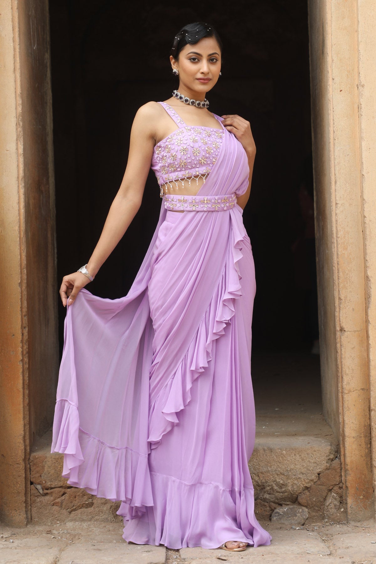 Buy Lilac Pre-Draped Saree & Blouse by Nitisha Kashyap for women online at ScrollnShops