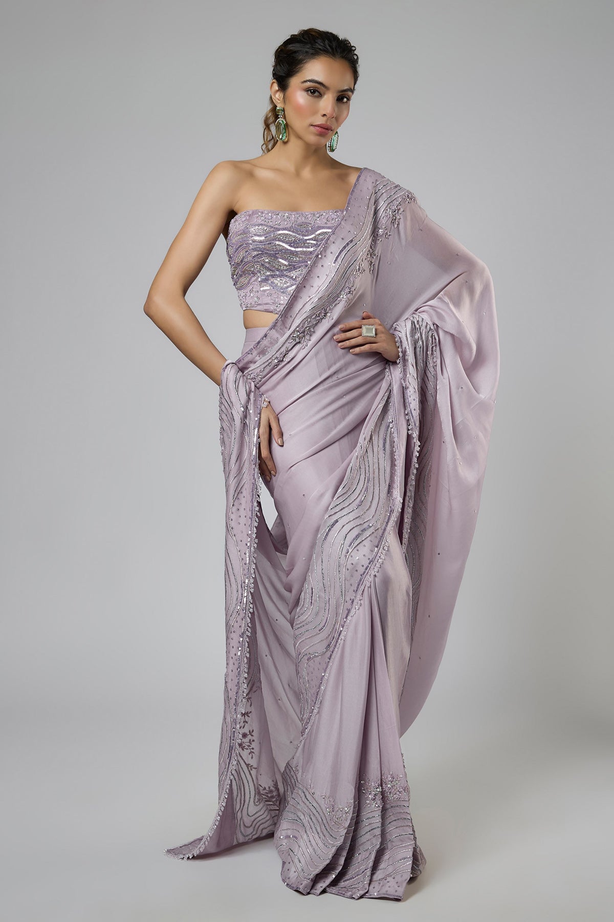 Buy Lilac Prestitch Saree & Blouse for women by Masumi Mewawalla online available at scrollnshops