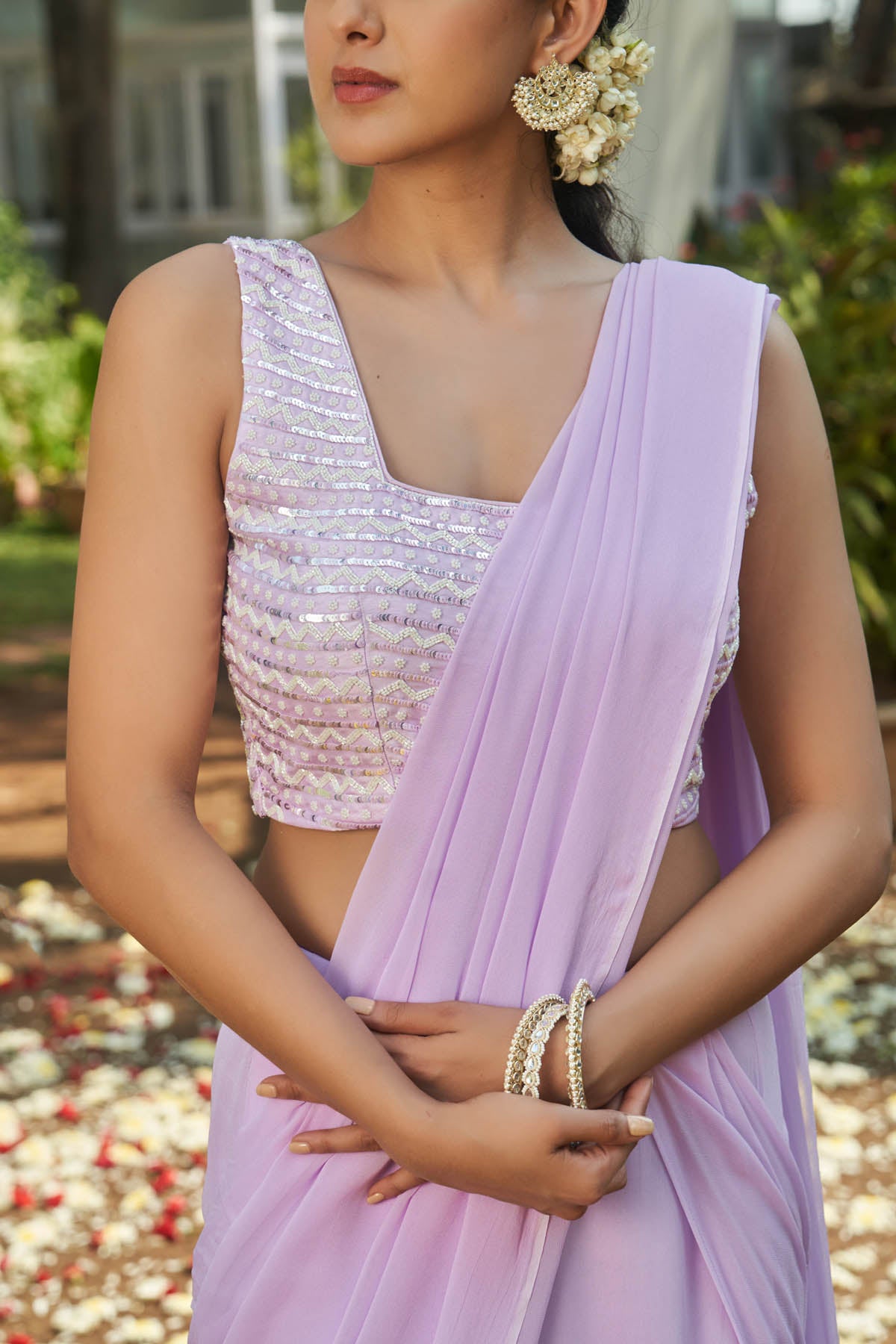Lilac Prestitched Saree & Blouse
