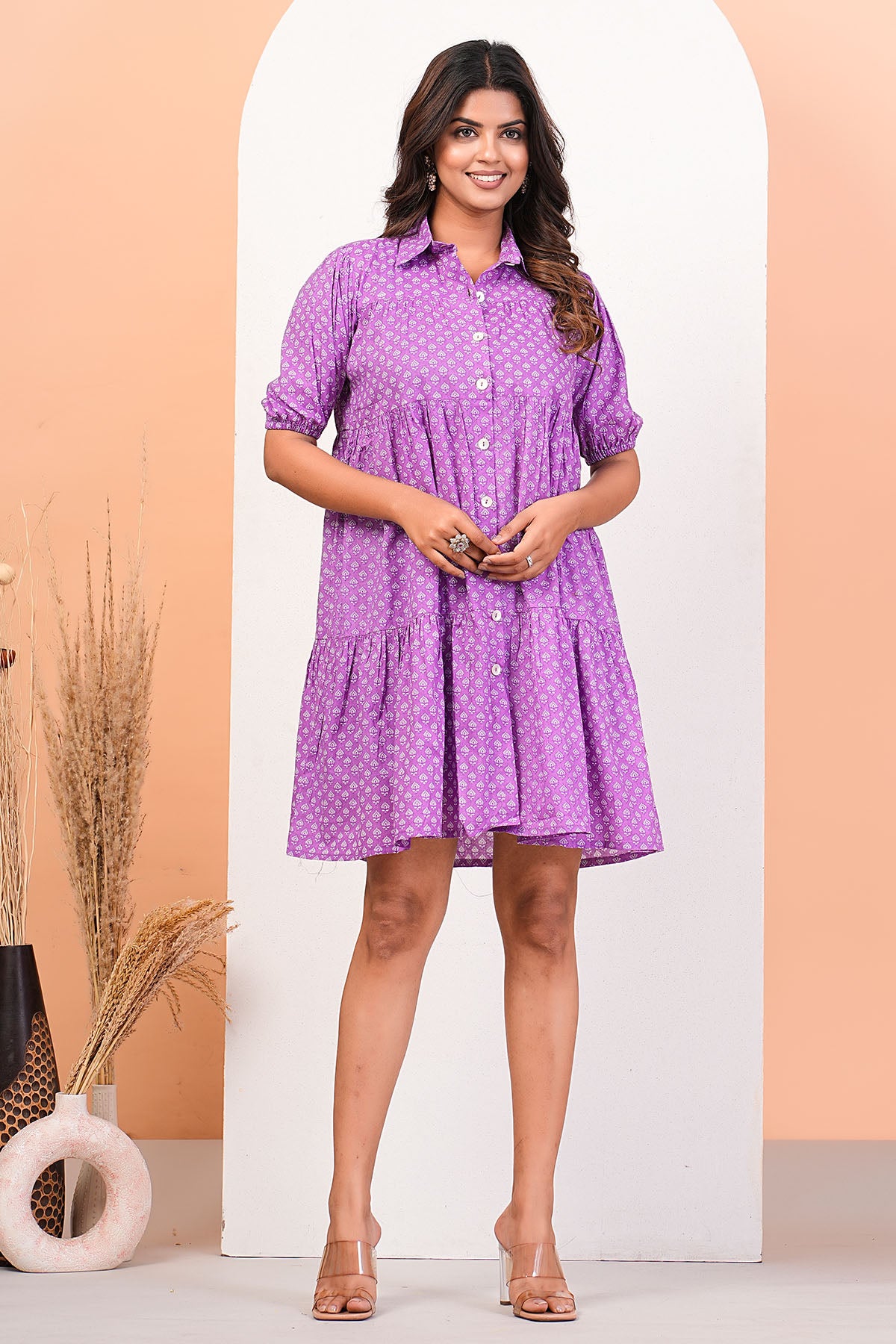 Lilac Printed Mini Shirt Dress