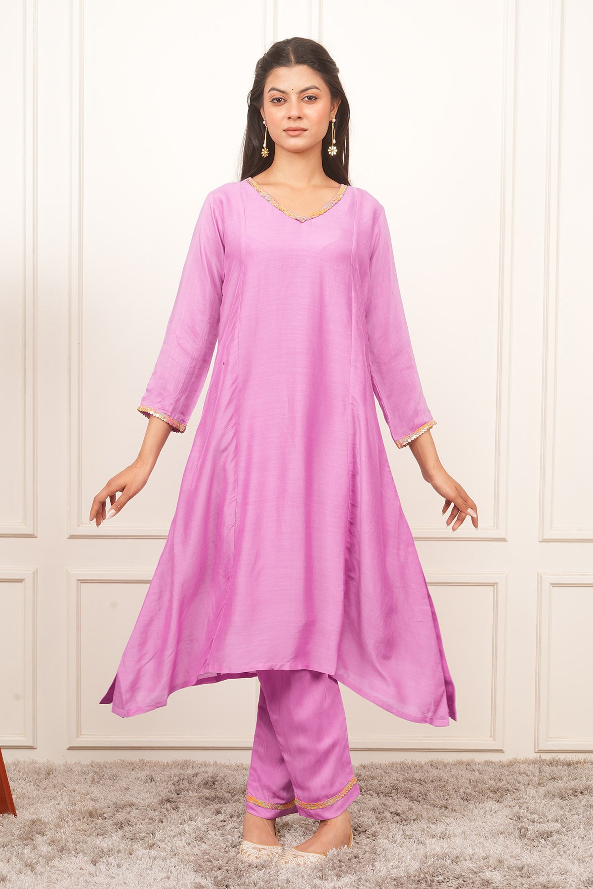 Lilac V-Neck Flared Kurta Set