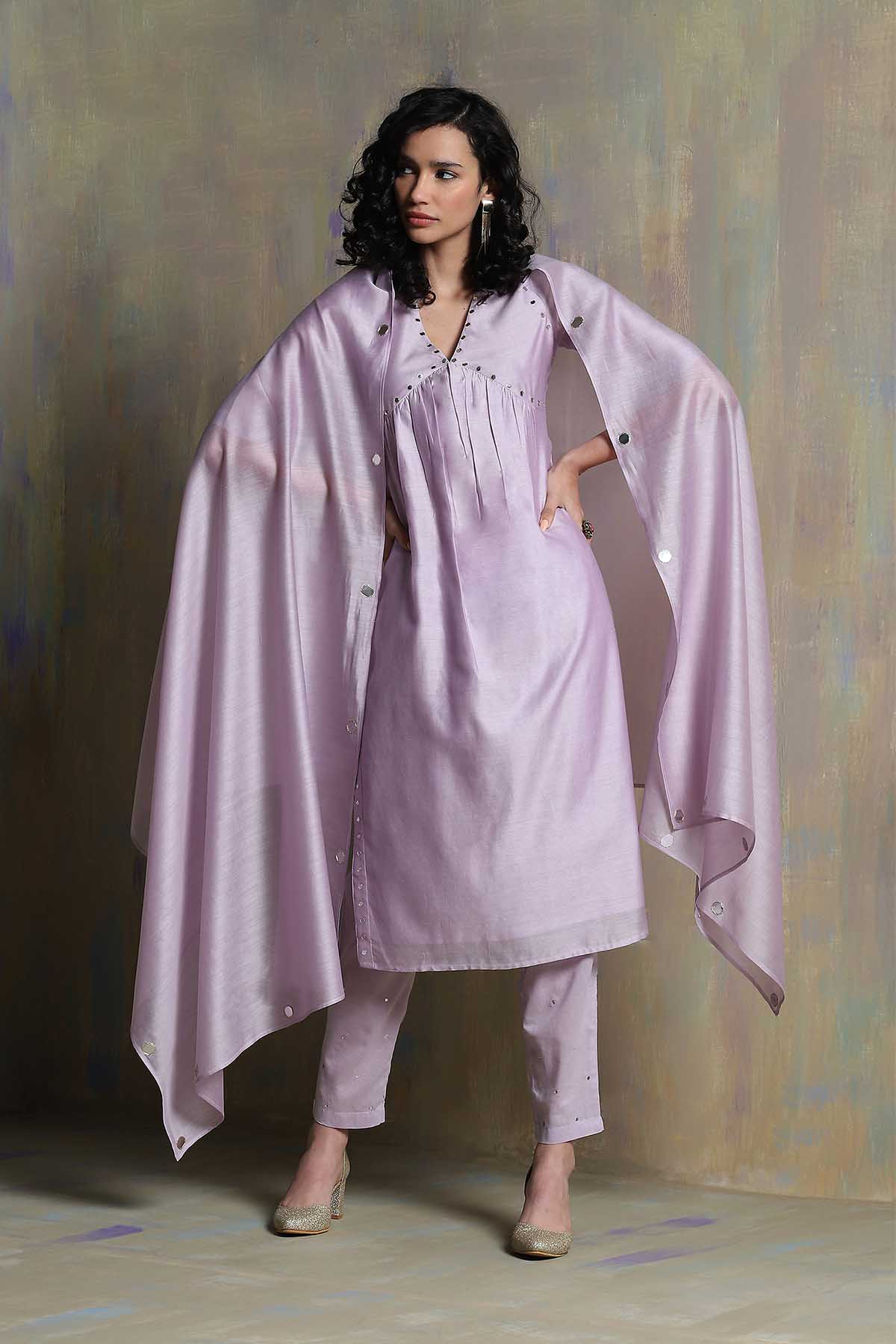 Buy Lilac V-Neck Mirror Kurta Set by Charkhee for women online at ScrollnShops