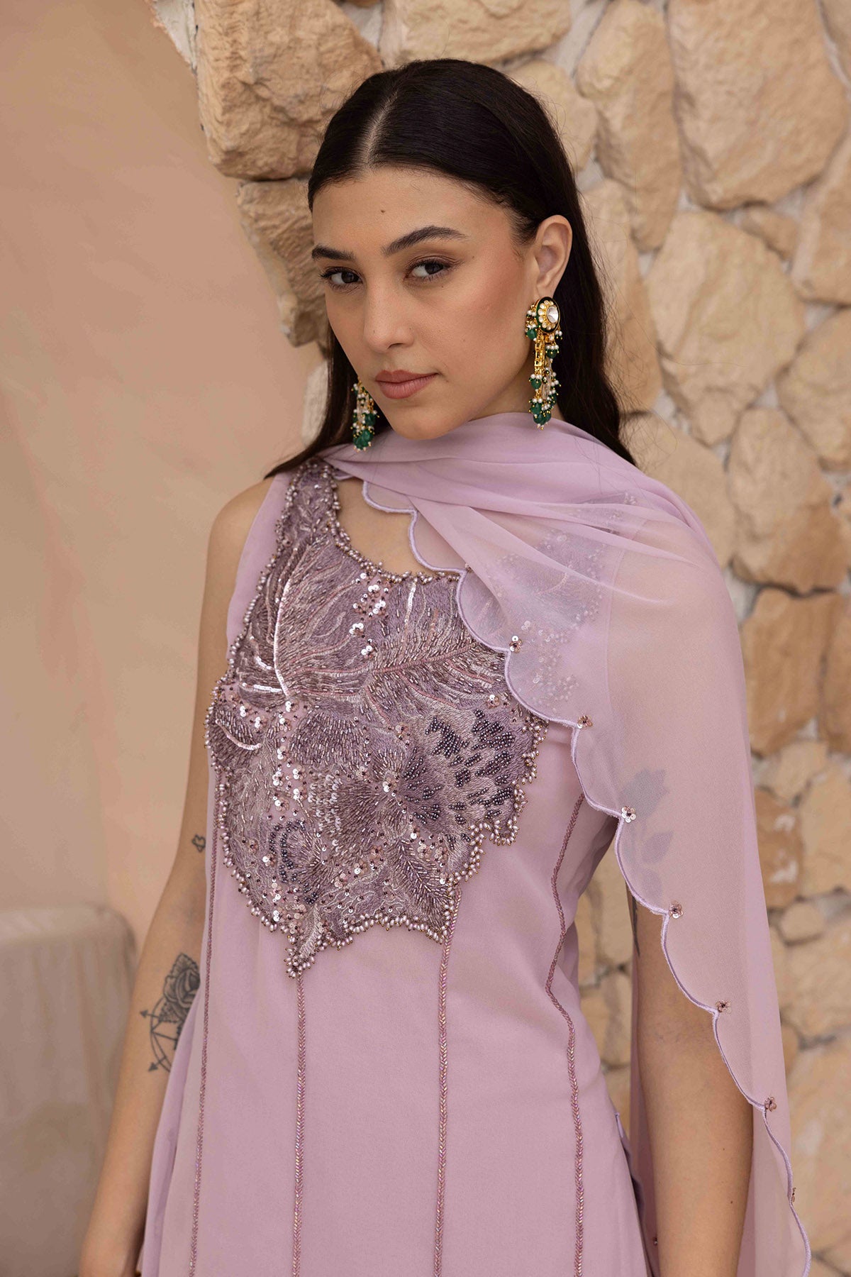 Lilac Yoke Embroidered Kurta Set