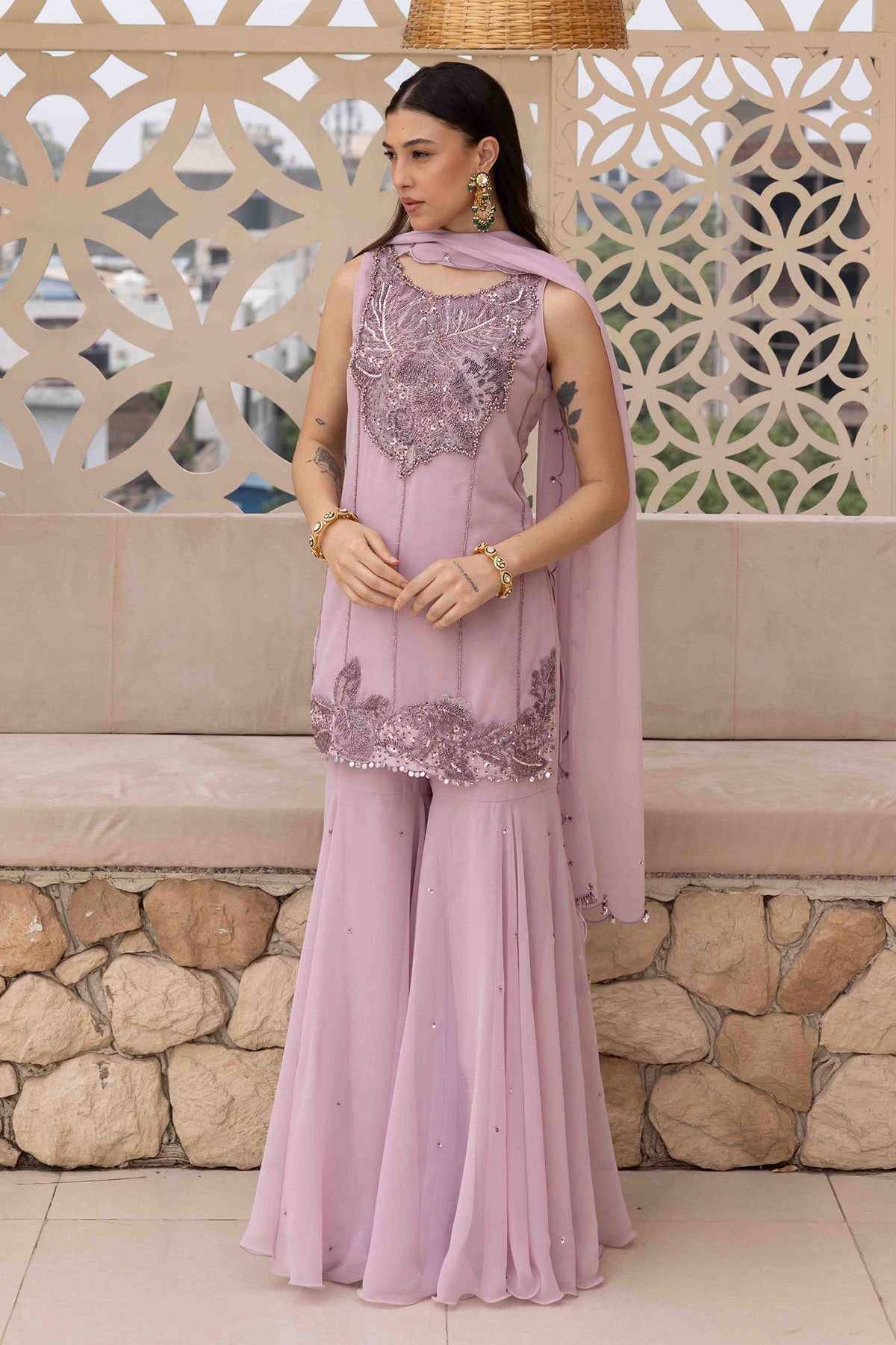 Buy Lilac Yoke Embroidered Kurta Set by Ajiesh Oberoi for women online at ScrollnShops