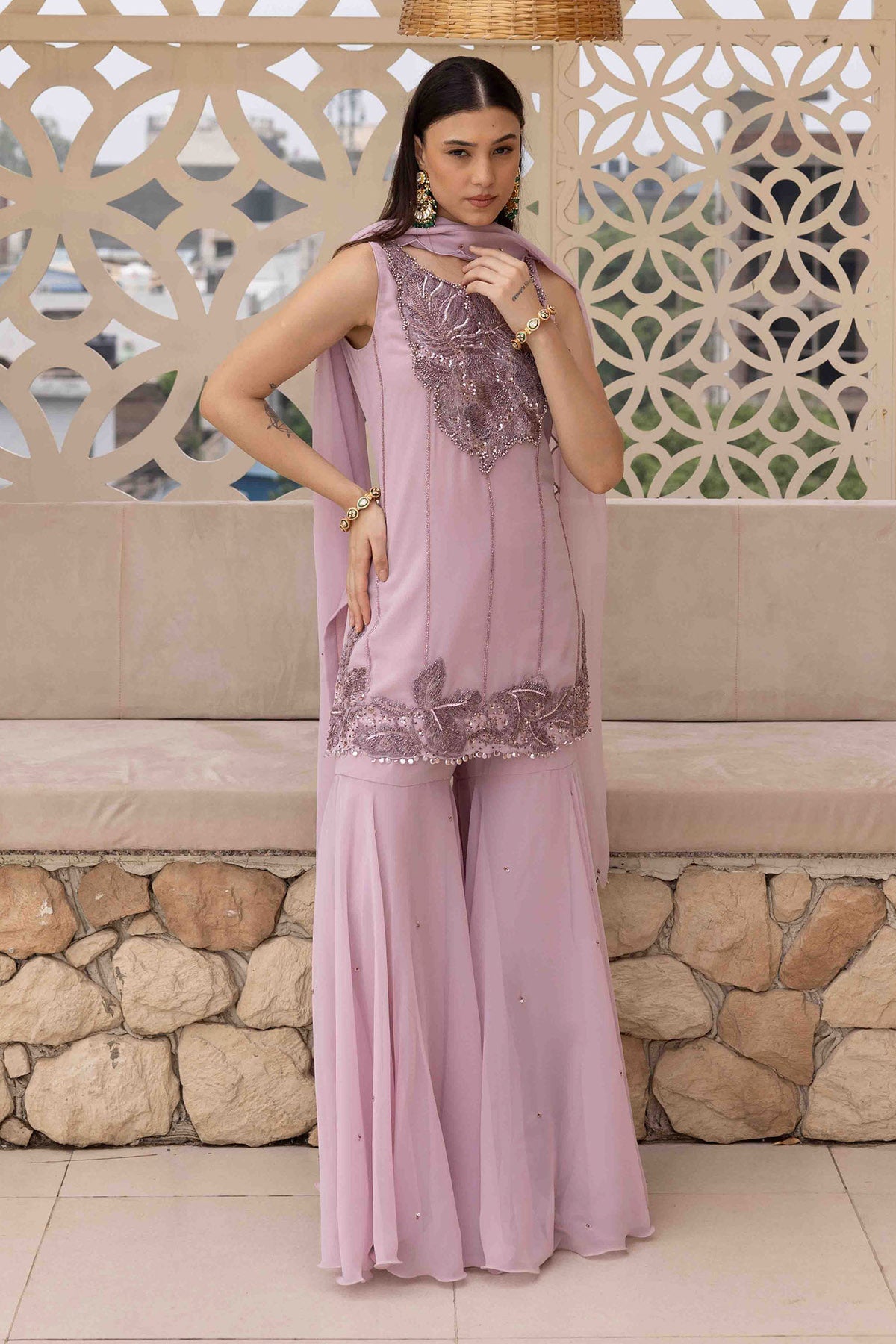 Lilac Yoke Embroidered Kurta Set