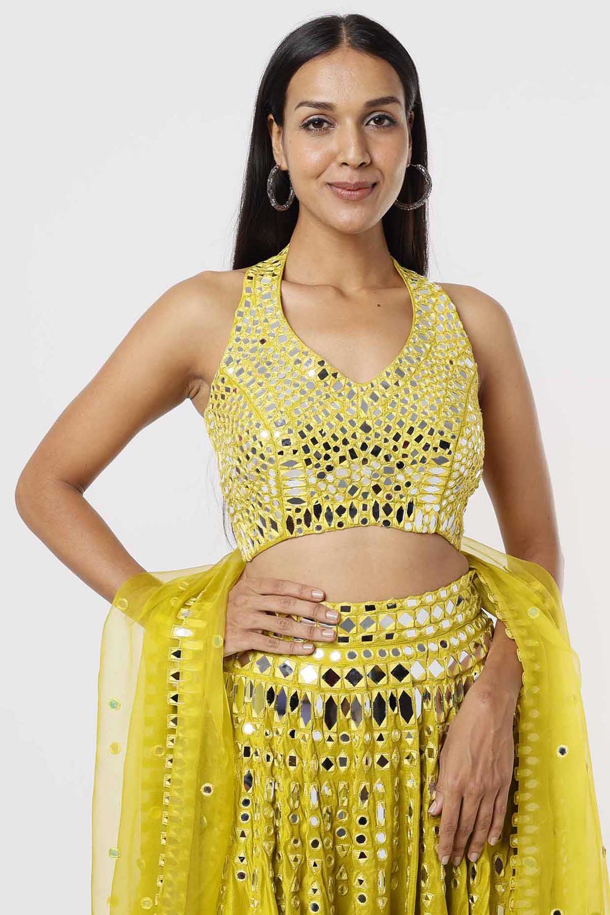 Lime Mirror Embroidered Lehenga Set