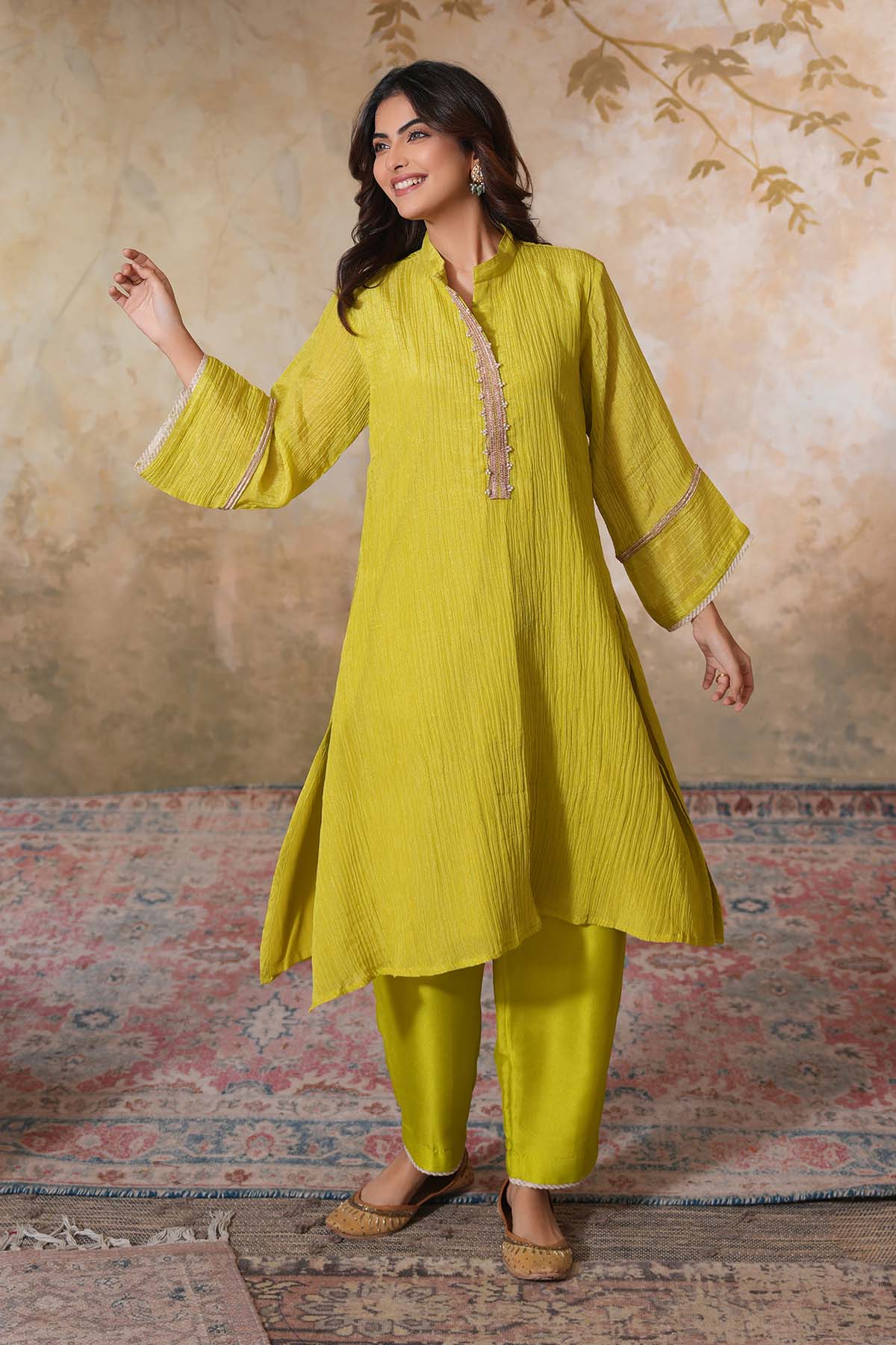 Buy Lime A-Line Kurta & Narrow Pants by Ugna by Unnati for women online at ScrollnShops