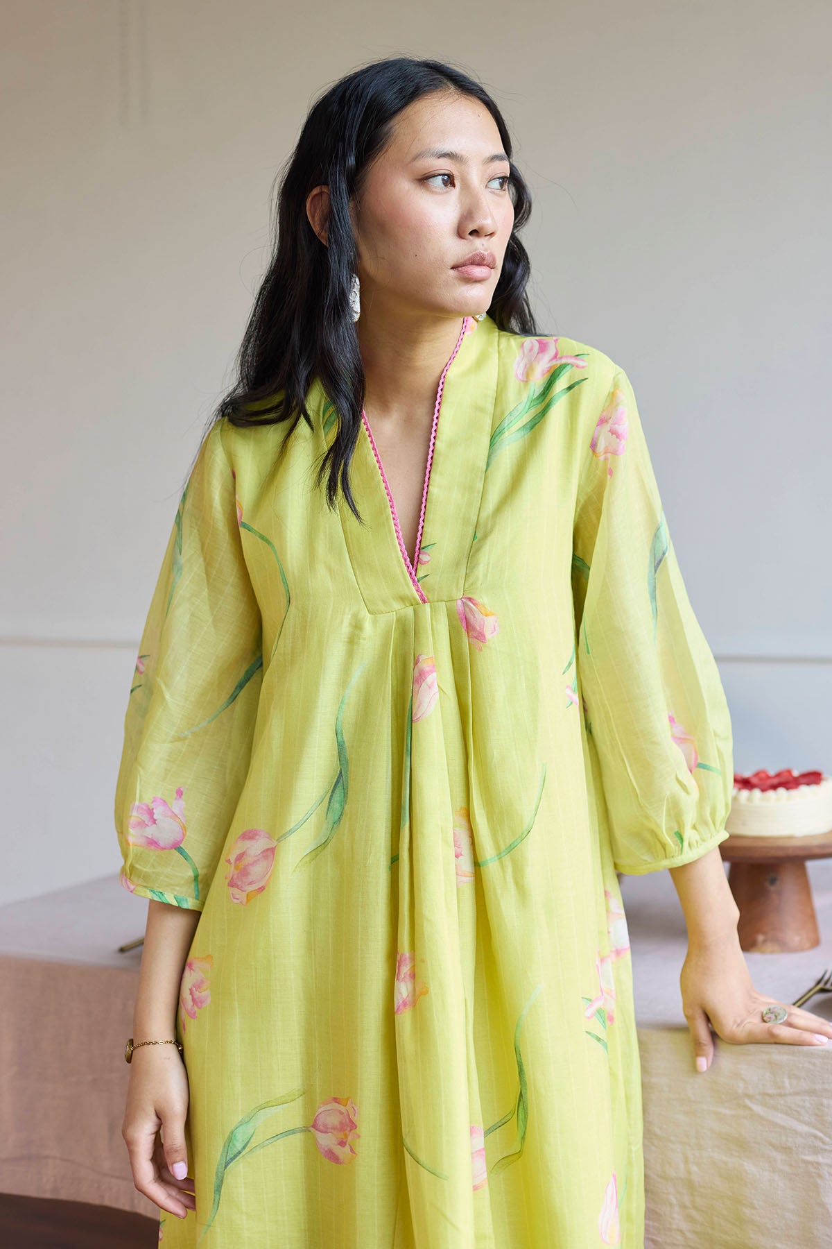 Lime Chanderi Relaxed Fit Dress