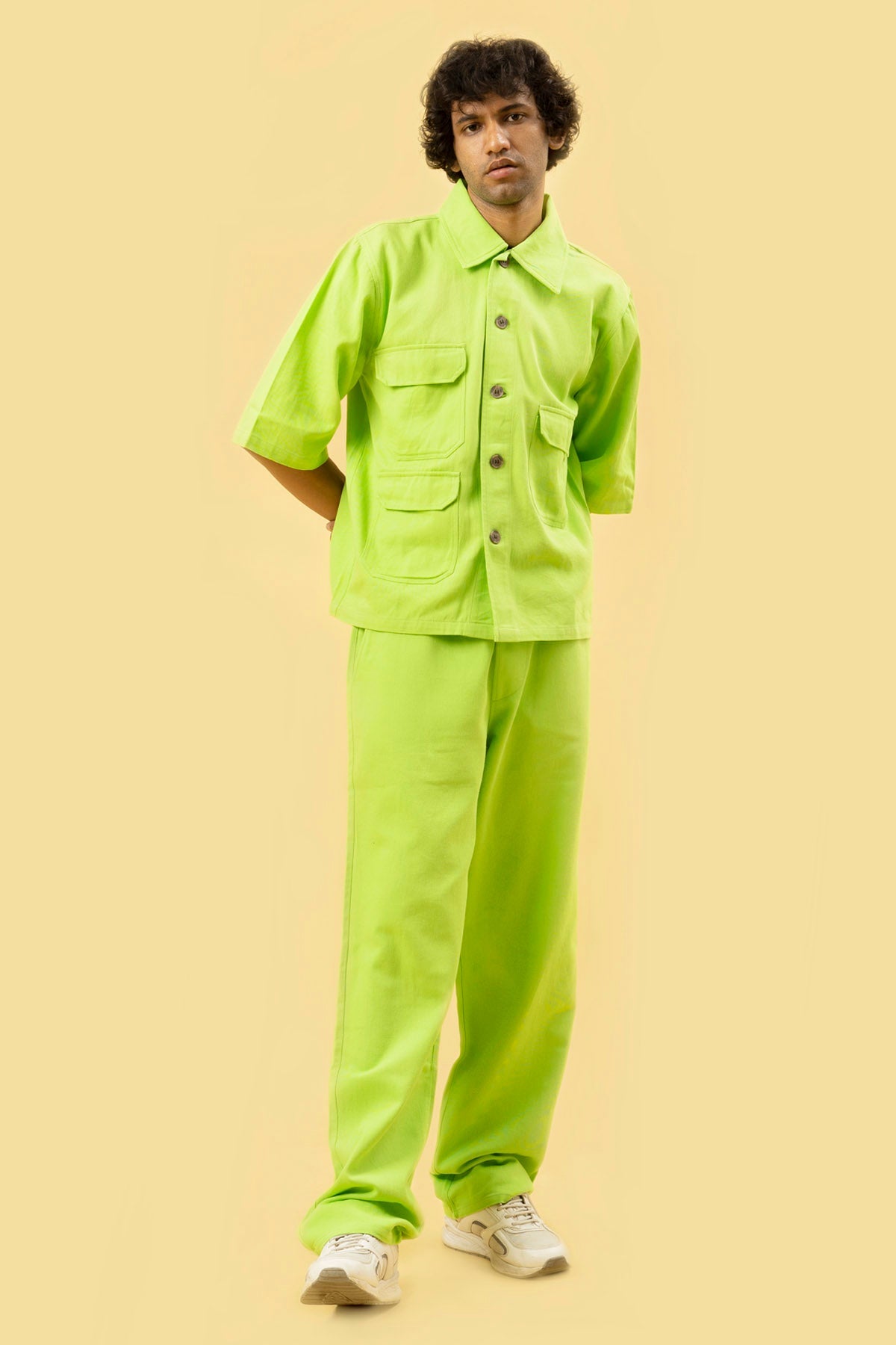 Lime Cotton Twill Shacket Set For Men Available online