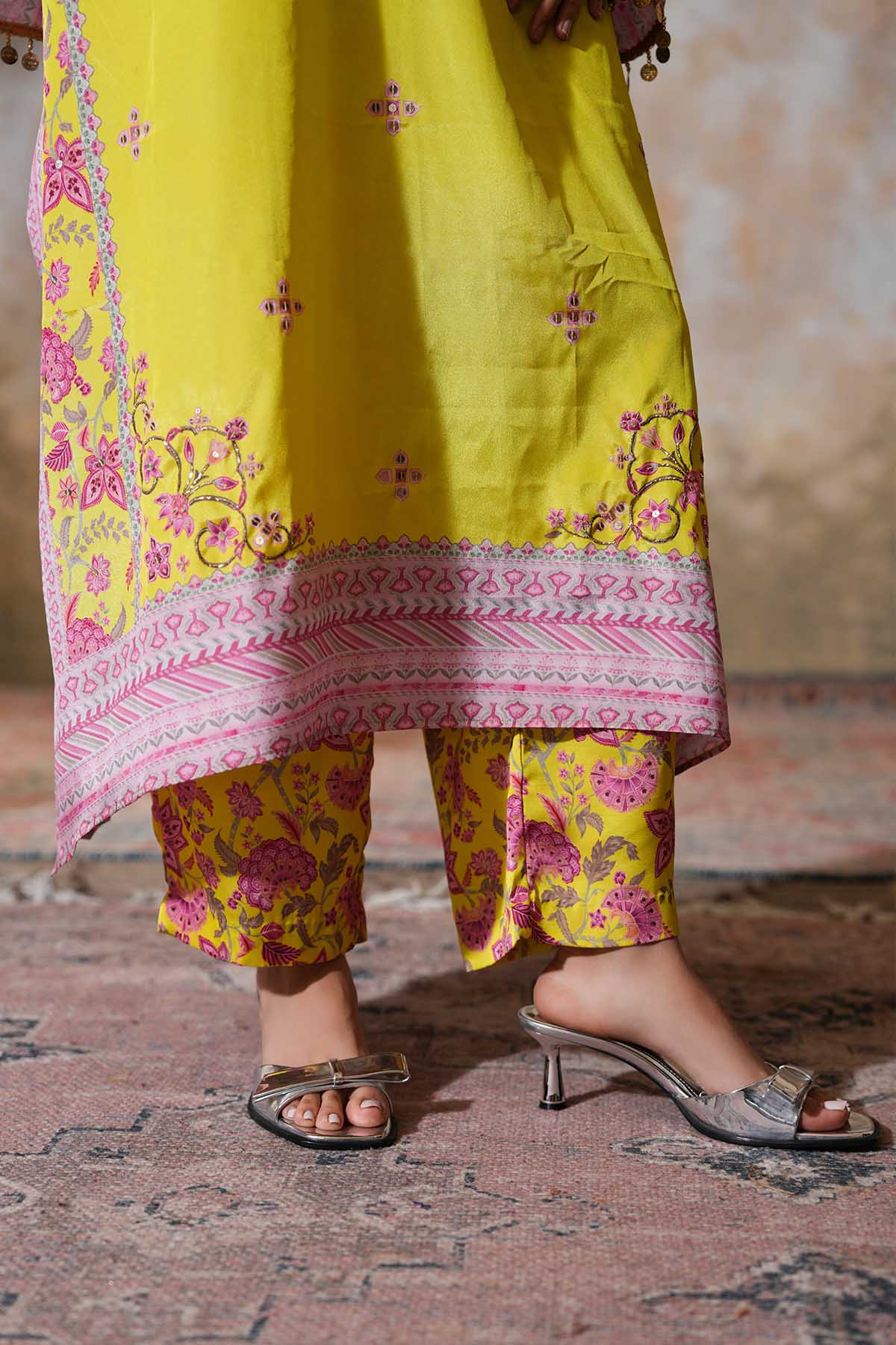 Lime Printed Kaftan & Pants