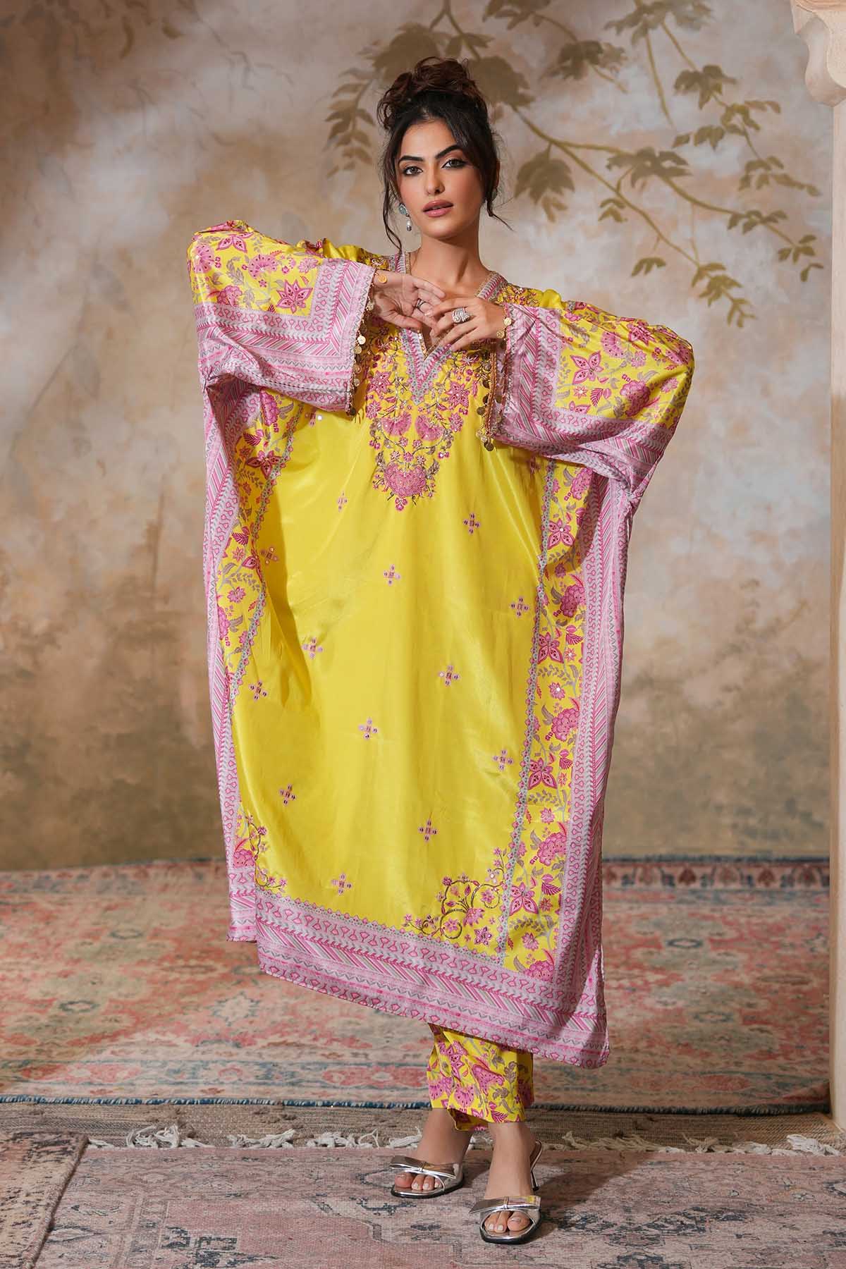 Buy Lime Crepe Silk Print Kaftan Set by Ugna by Unnati for women online at ScrollnShops