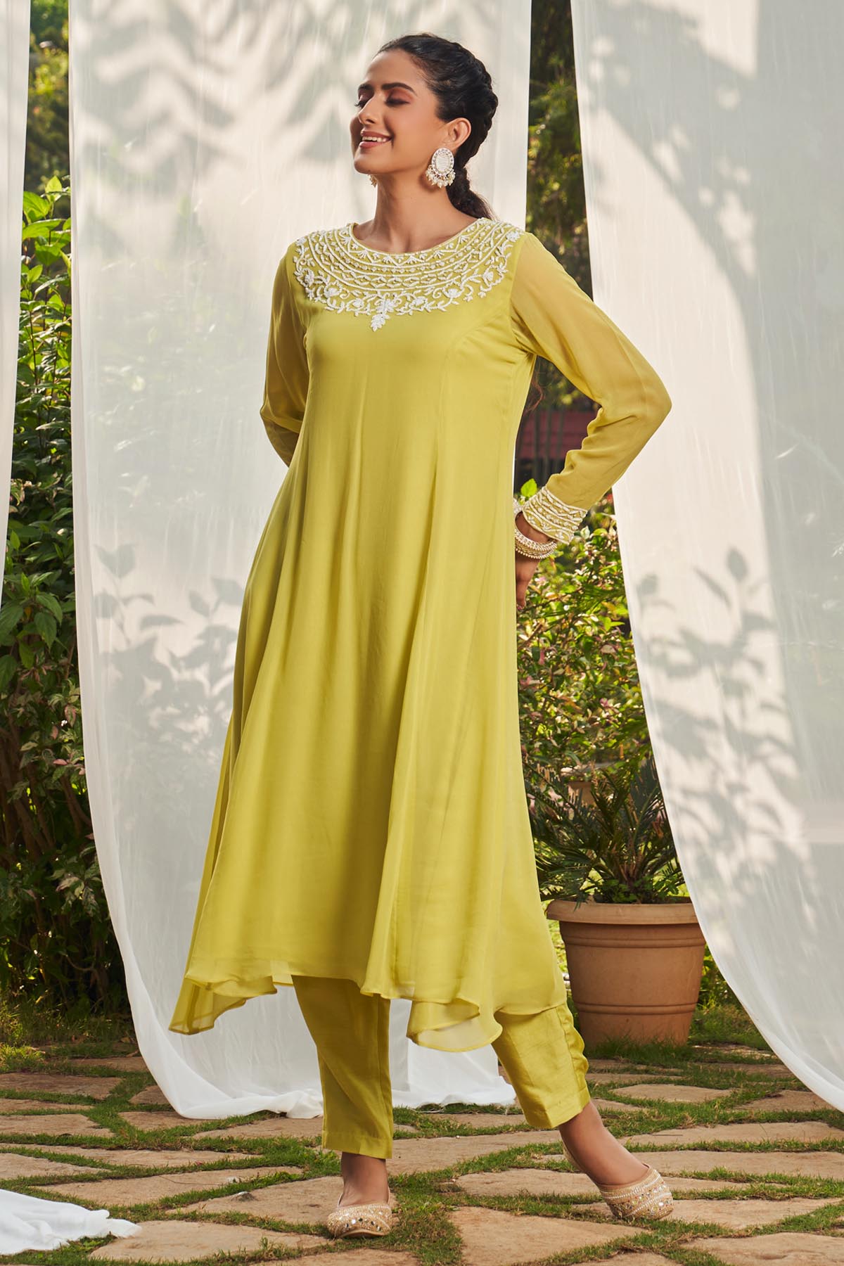 Megha Pitti Lime Embroidered Kurta & Pants for women online at ScrollnShops