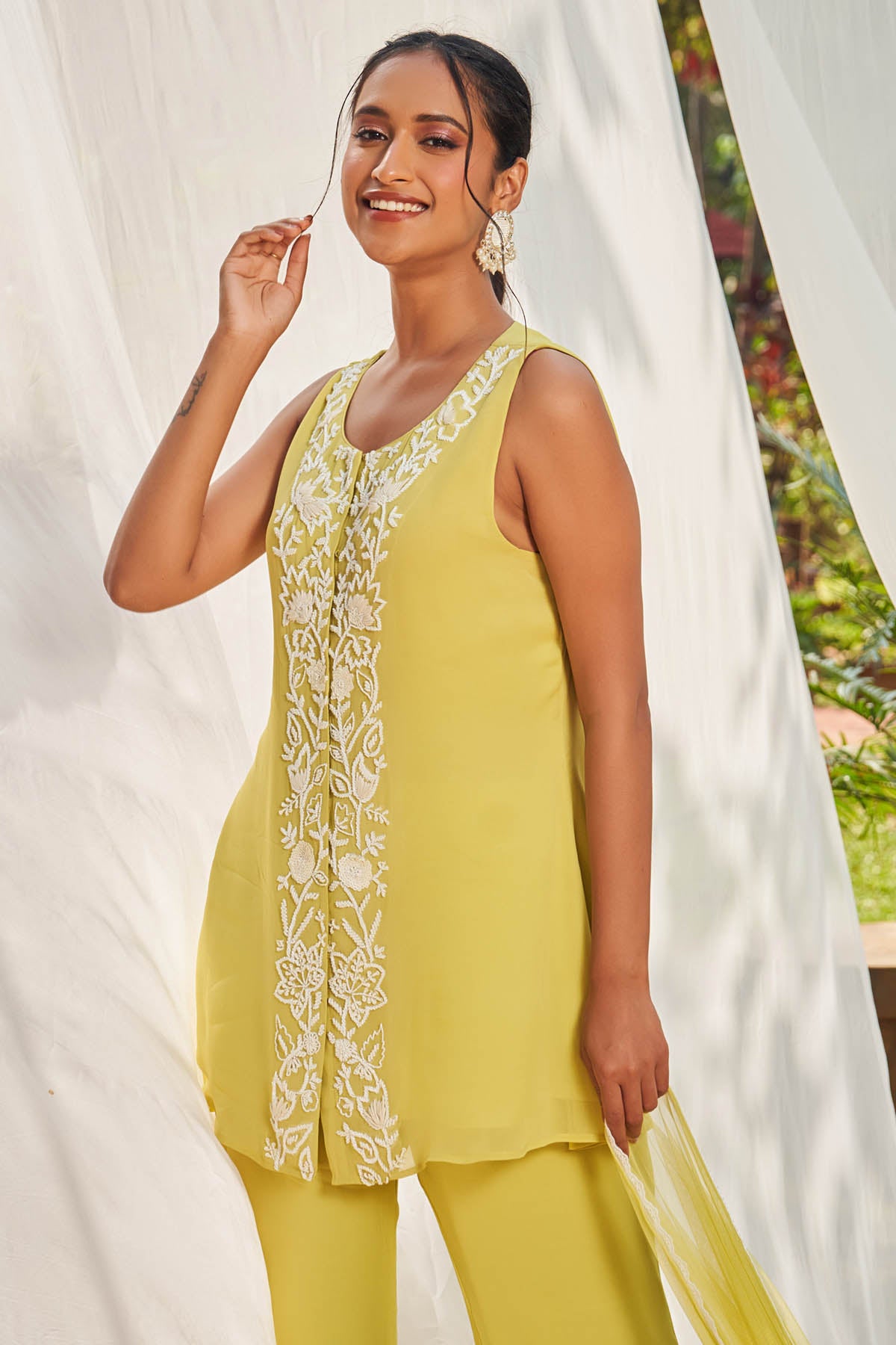 Lime Embroidered Short Kurta Set