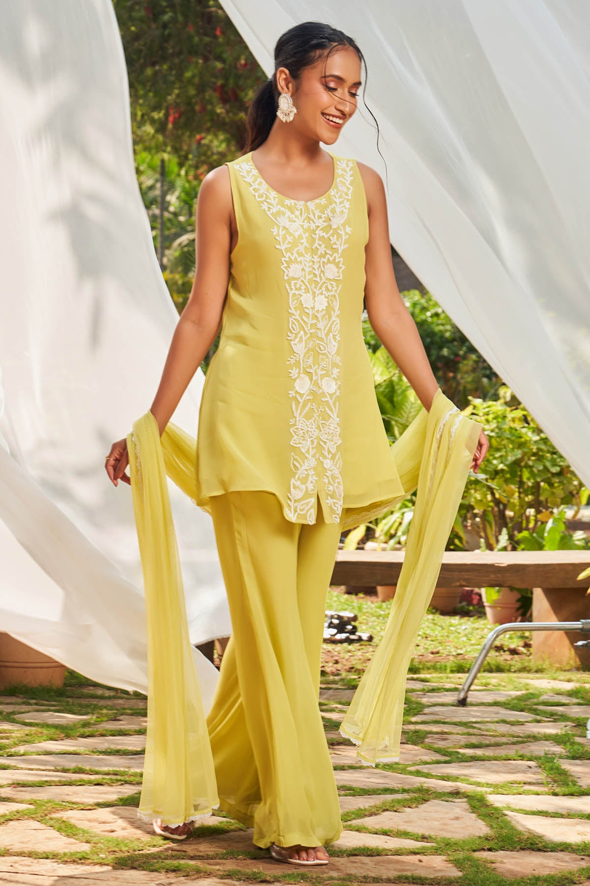 Lime Embroidered Short Kurta Set