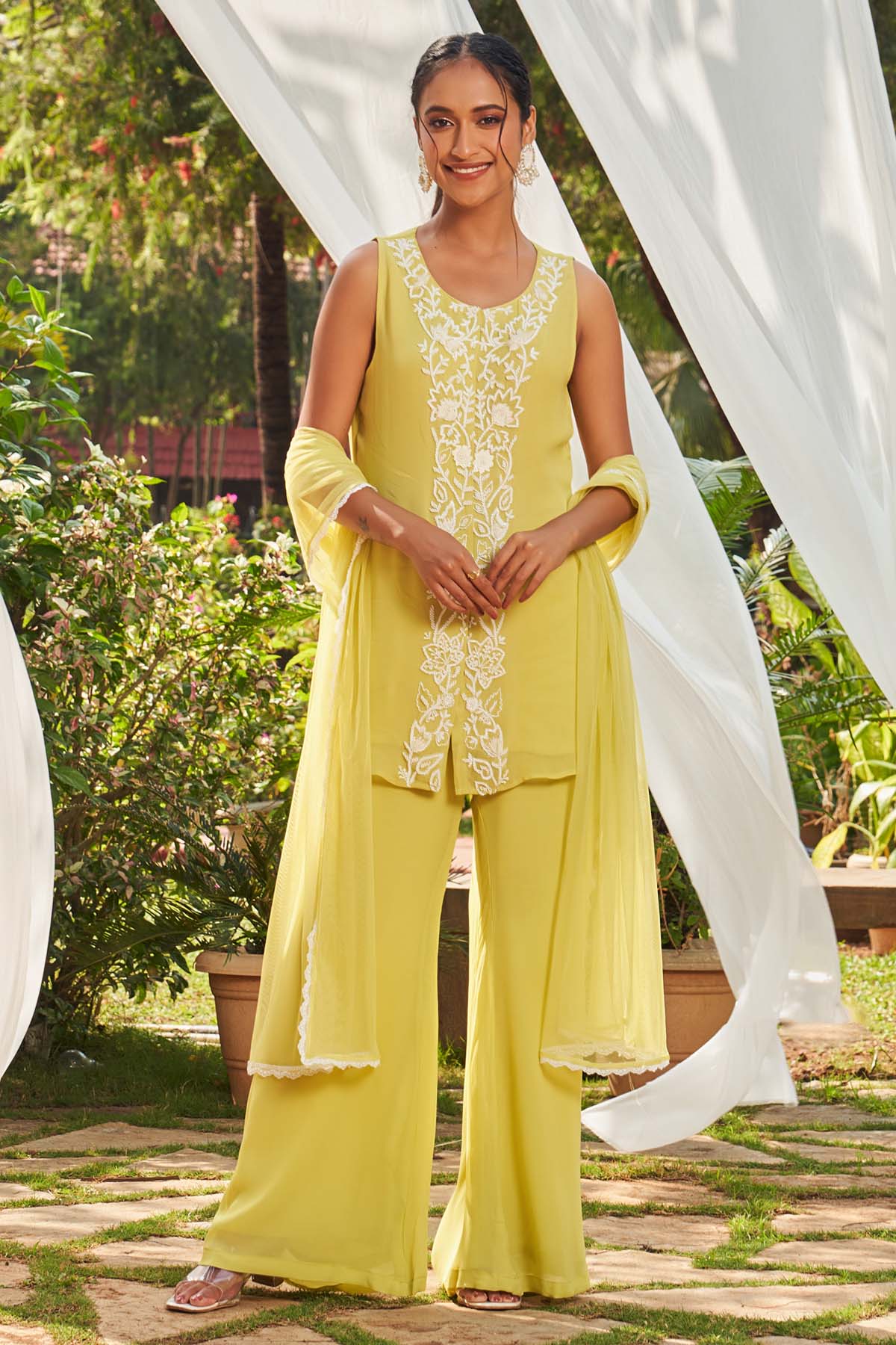 Megha Pitti Lime Embroidered Short Kurta Set for women online at ScrollnShops