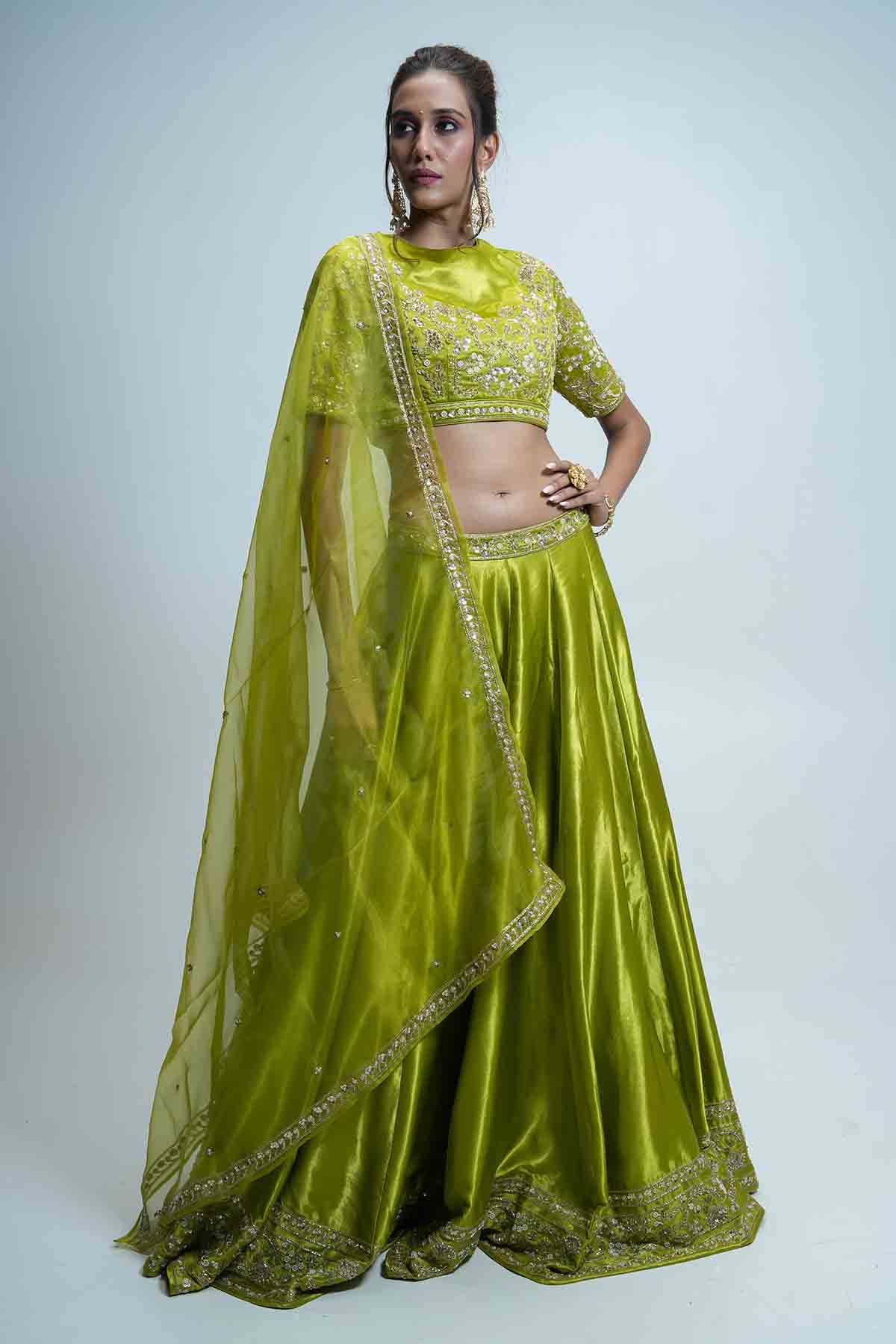 Buy Lime Green Beads Lehenga Set by Aavya for women online at ScrollnShops