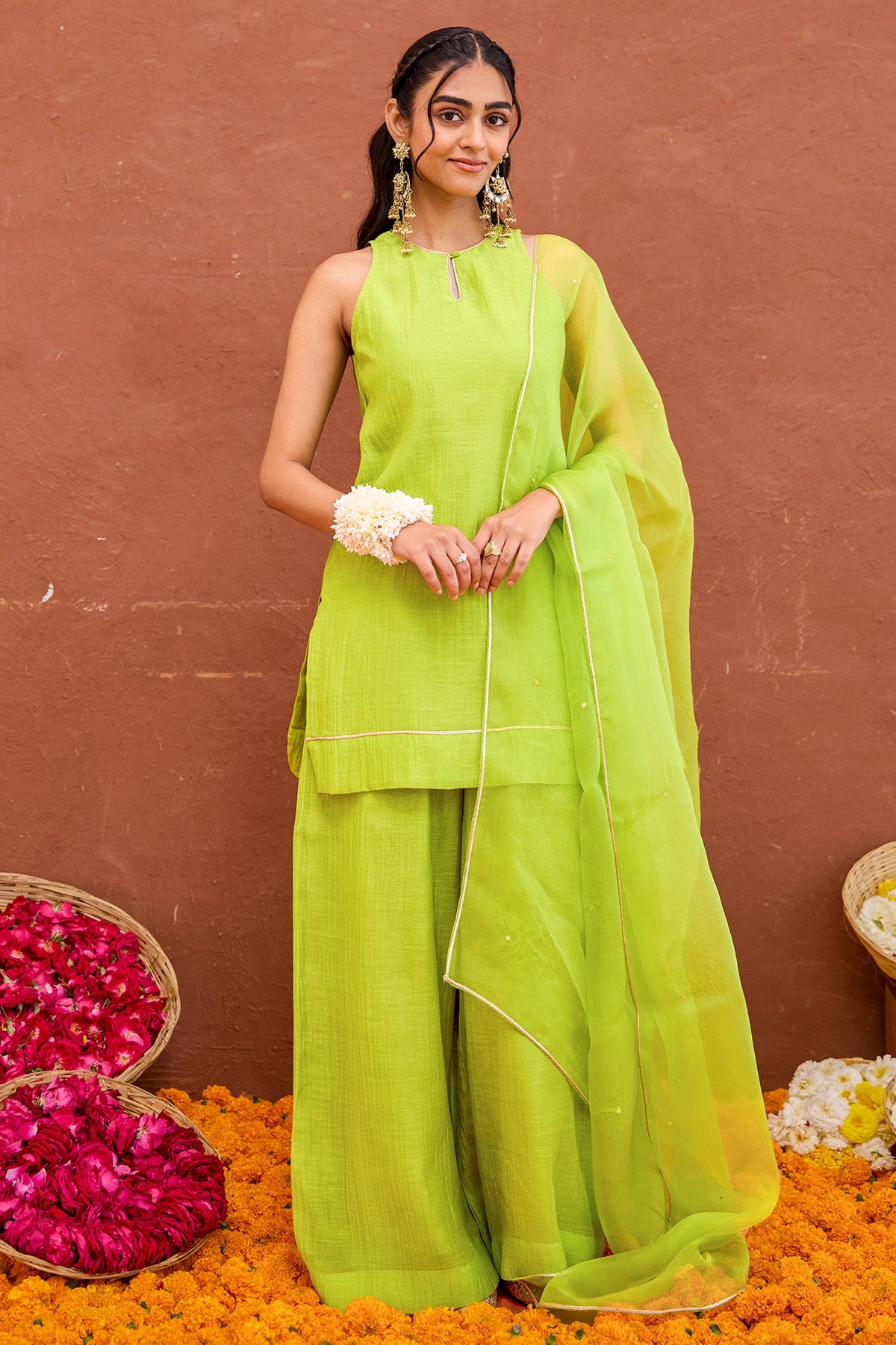 Buy Chanderi Lime Green Kurta Set for women by Taro India online available at scrollnshops