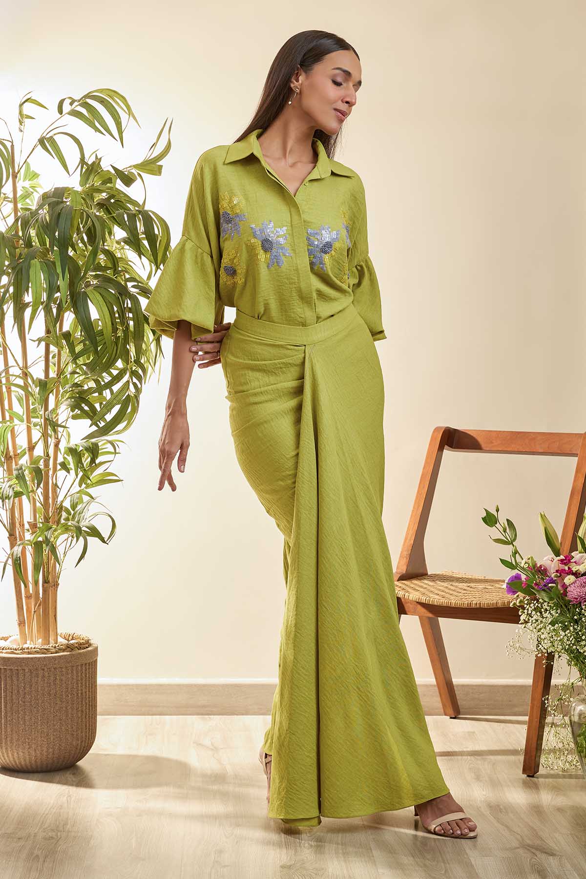 Buy Lime Green Draped Co-ord Set by Babita Malkhani for women online at ScrollnShops