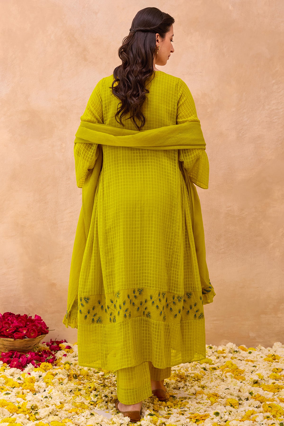 Lime Green Kota Doria Kurta Set