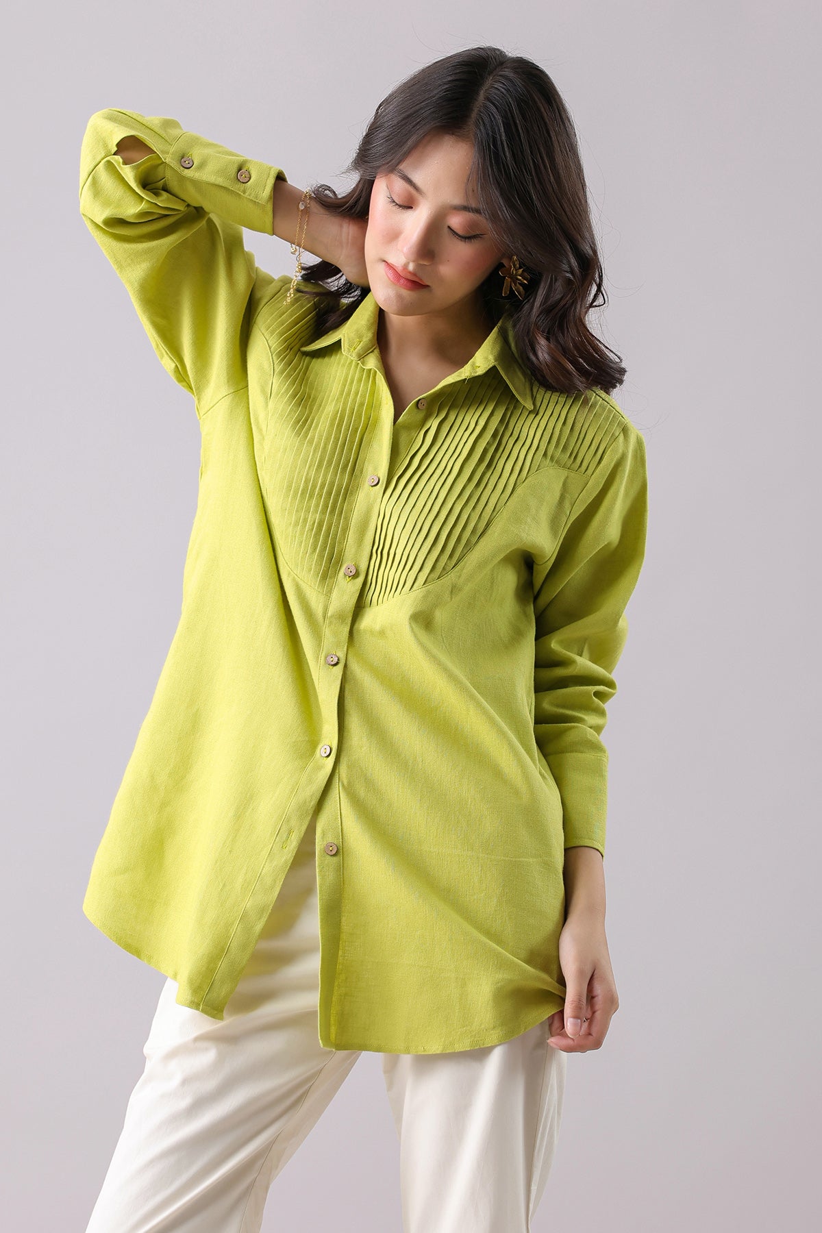 Buy Lime Green Pintuck Detail Shirt by Why Look West for women online at ScrollnShops